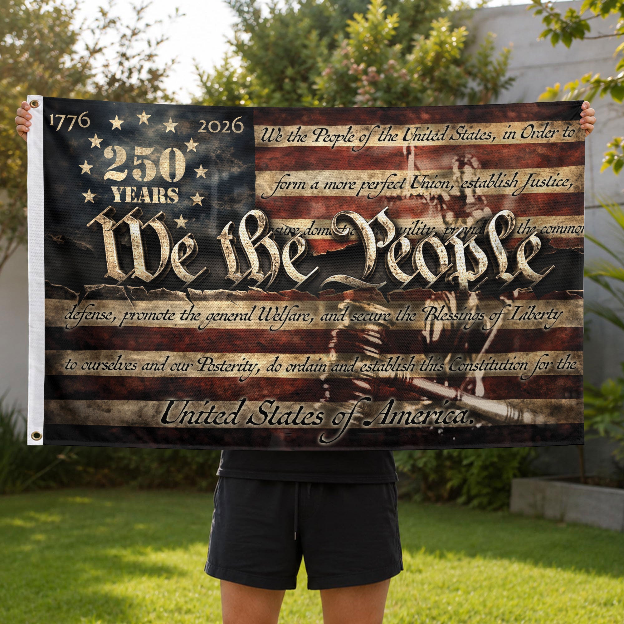 250 Years 1776-2026 American Flag We The People Constitution Preamble Patriotic Banner - Rust Field Wear