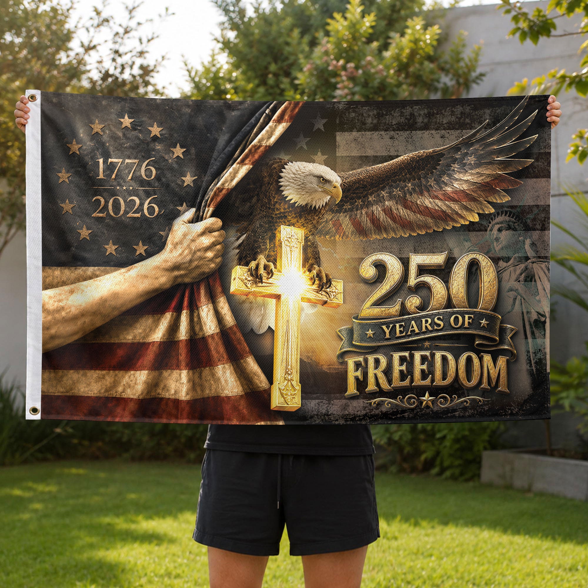 250 Years of Freedom Flag 1776-2026 Patriotic Bald Eagle Cross Liberty US Banner - Rust Field Wear
