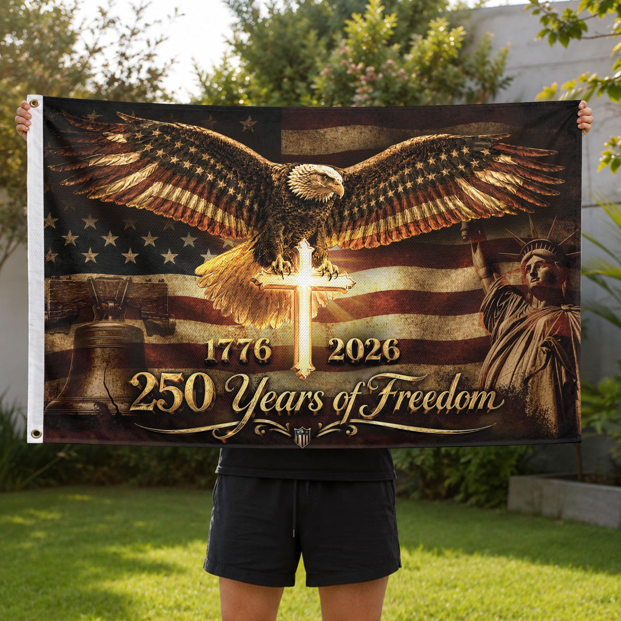 250 Years of Freedom Flag 1776-2026 Patriotic US Bald Eagle Liberty Bell Cross Banner - Rust Field Wear