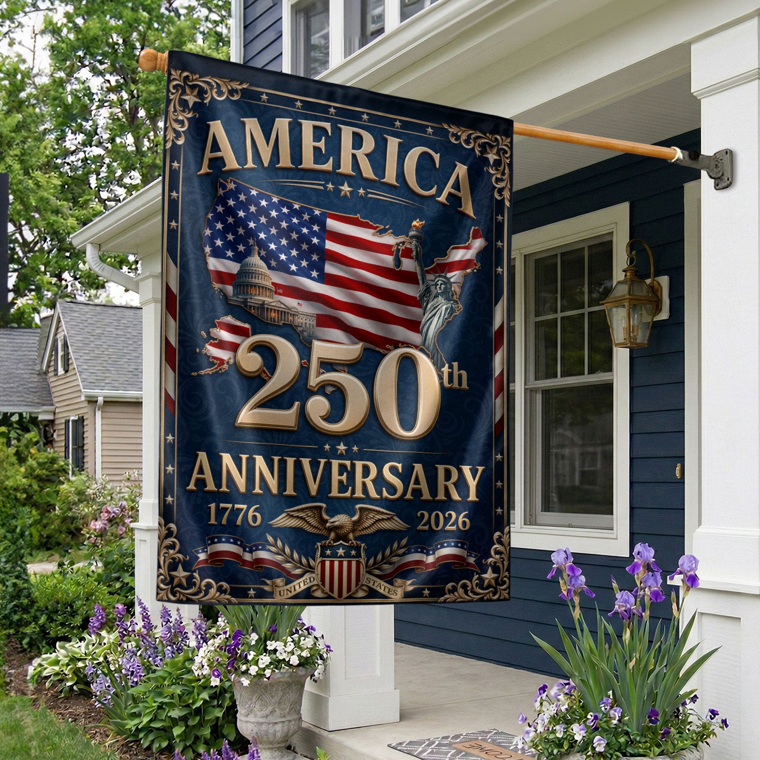 America 250th Anniversary House Flag - USA Map & Patriotic Icons Commemorative Banner