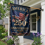 America 250th Anniversary House Flag - USA Map & Patriotic Icons Commemorative Banner - Rust Field Wear