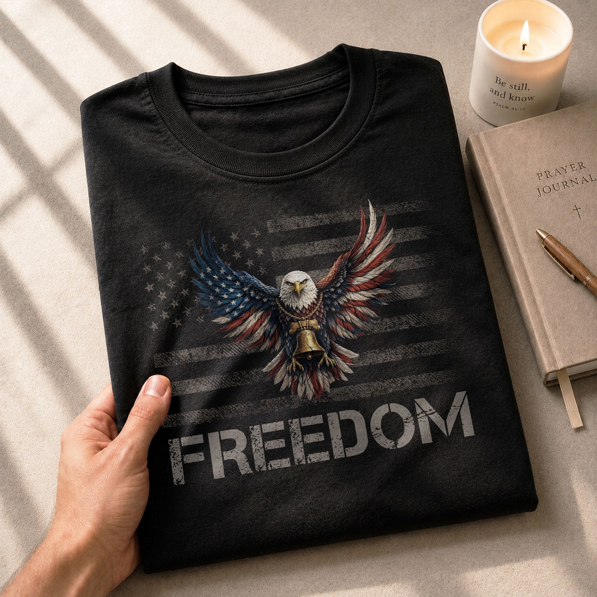 Patriotic T Shirts, Freedom USA Patriotic Eagle Liberty Bell Flag - Freedom Shirts for Men - Rust Field Wear