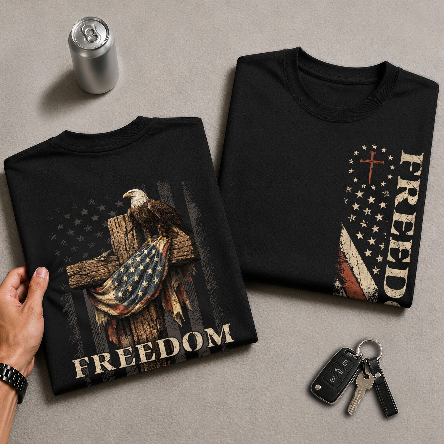 Freedom Shirts for Men, Vintage Freedom Eagle Cross Retro US Flag and Patriotic Wooden Cross - Patriotic T Shirts - Rust Field Wear