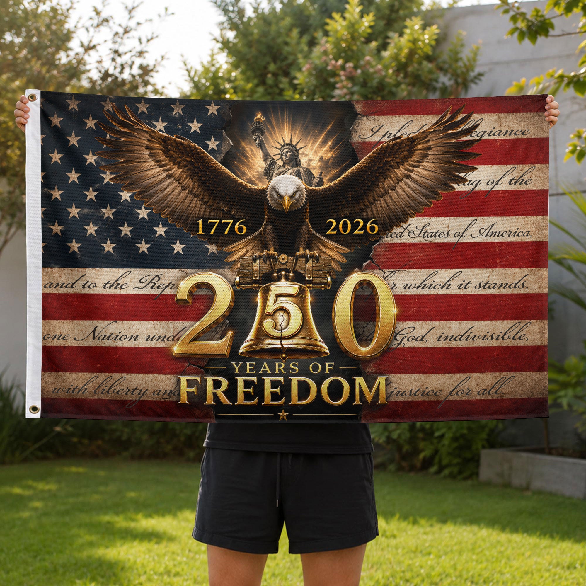 250 Years of Freedom Flag 1776-2026 Eagle Liberty Bell Statue of Liberty US Banner - Rust Field Wear