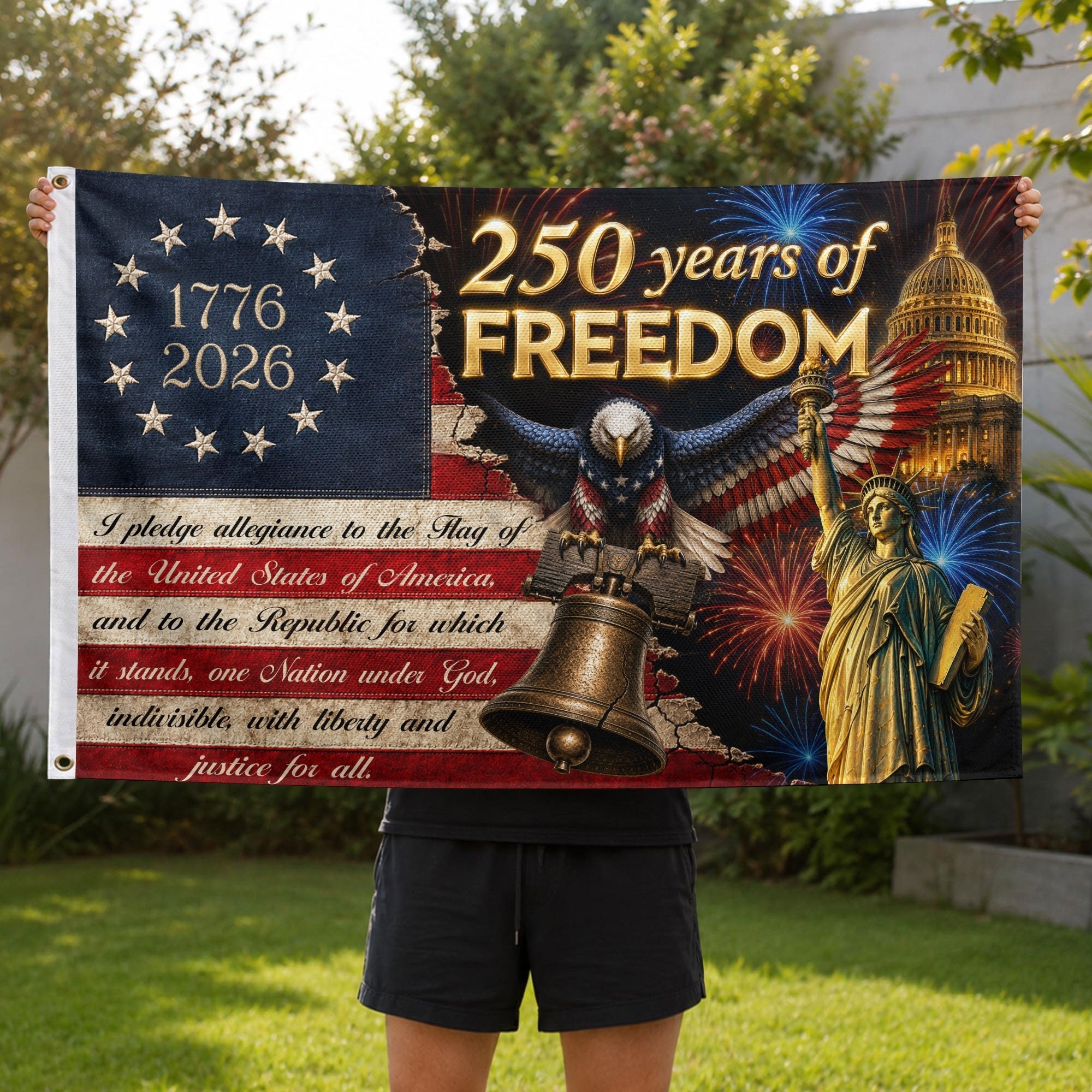 250 Years of Freedom Flag 1776-2026 Pledge of Allegiance Statue of Liberty US Banner - Rust Field Wear