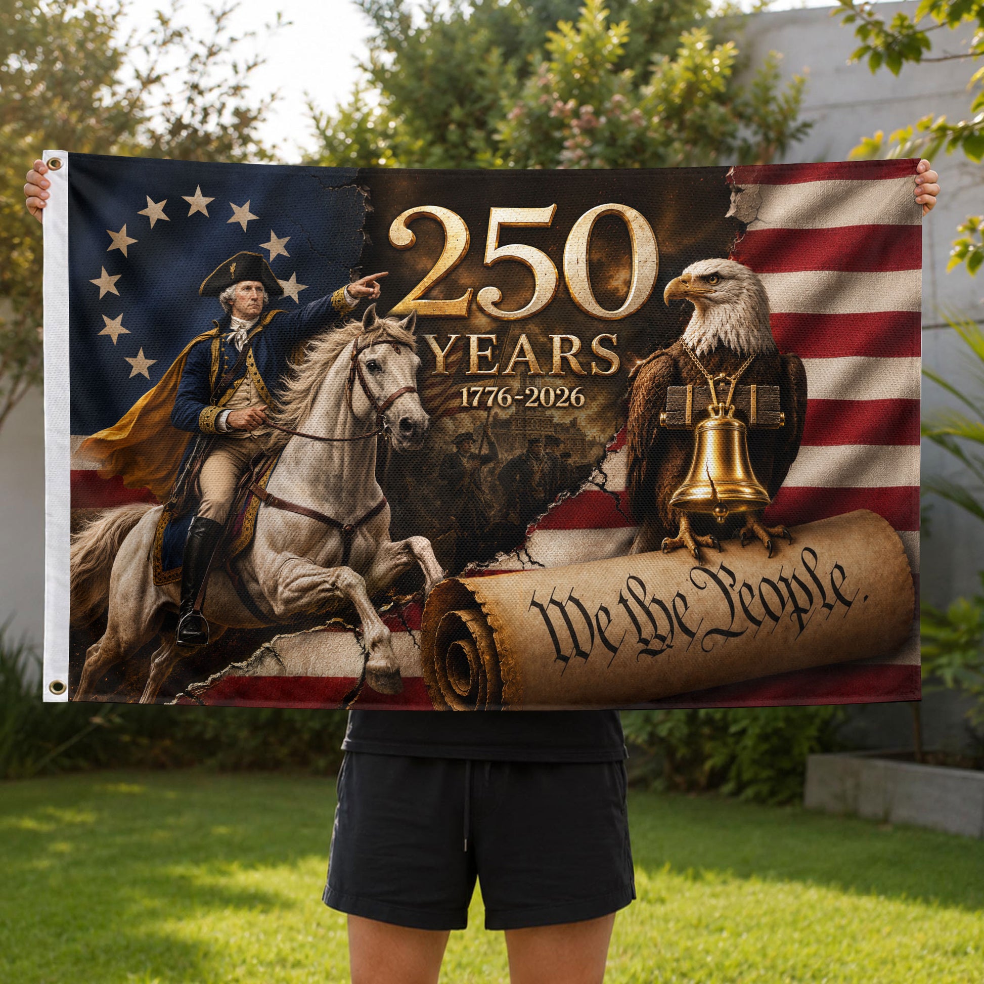 250 Years US Flag George Washington Eagle Liberty Bell 1776-2026 We The People Banner - Rust Field Wear