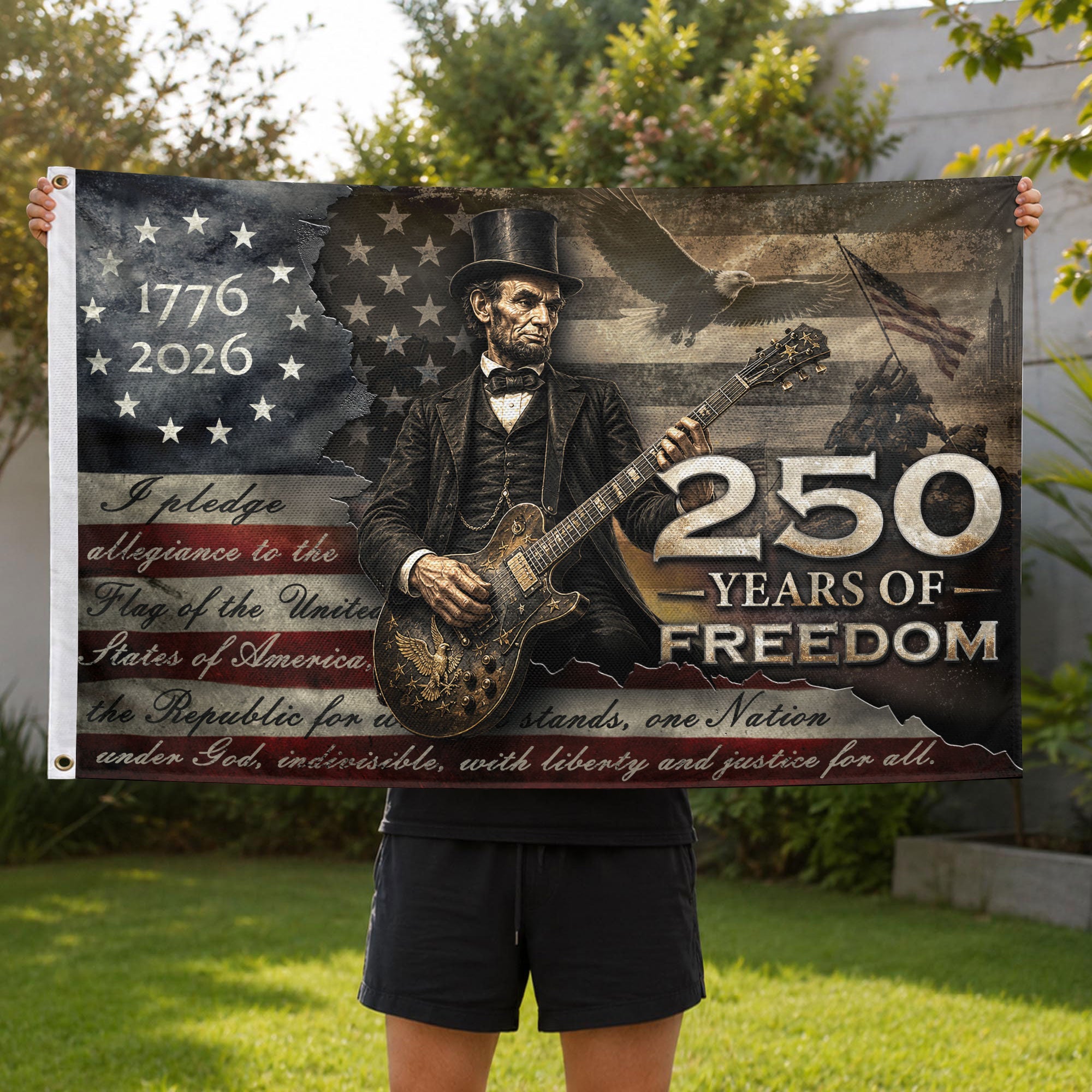 250 Years of Freedom Flag 1776-2026 Abraham Lincoln Guitar Eagle Patriotic US Banner - Rust Field Wear