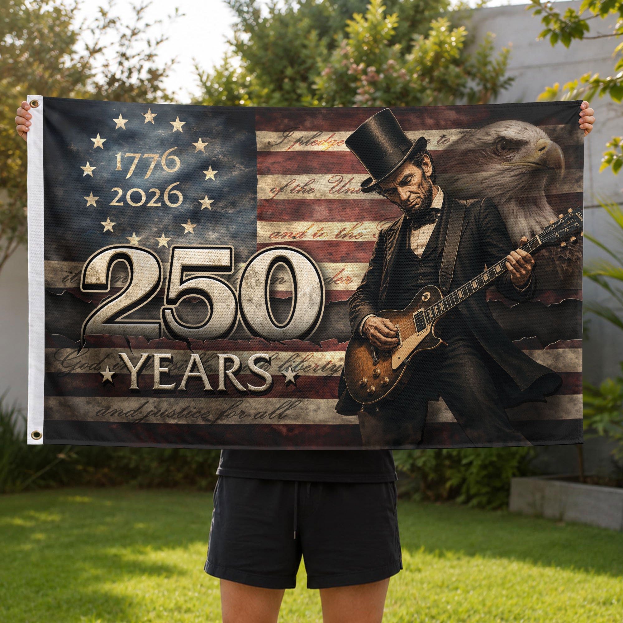 Patriotic 250 Years of Freedom Flag 1776-2026 Abraham Lincoln Guitar Bald Eagle US Banner - Rust Field Wear