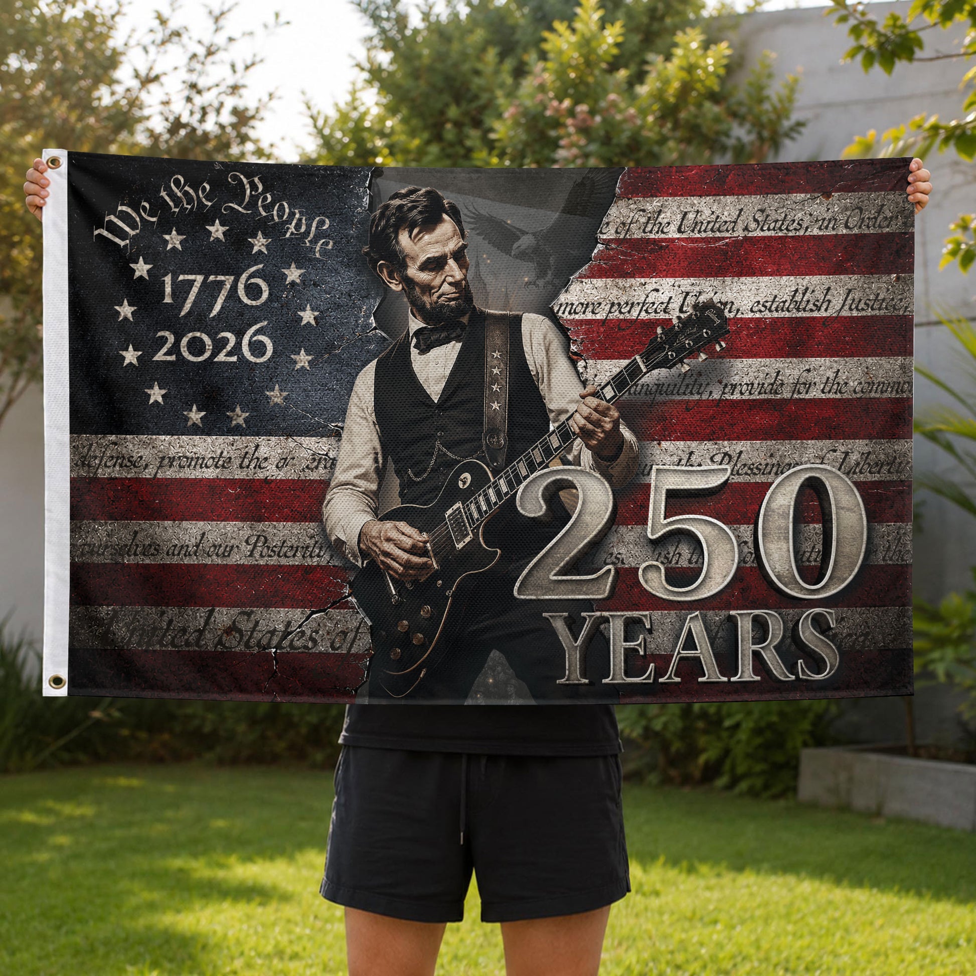 250 Years of Freedom Flag 1776-2026 Abraham Lincoln Guitar Patriotic US Banner We the People Decor - Rust Field Wear