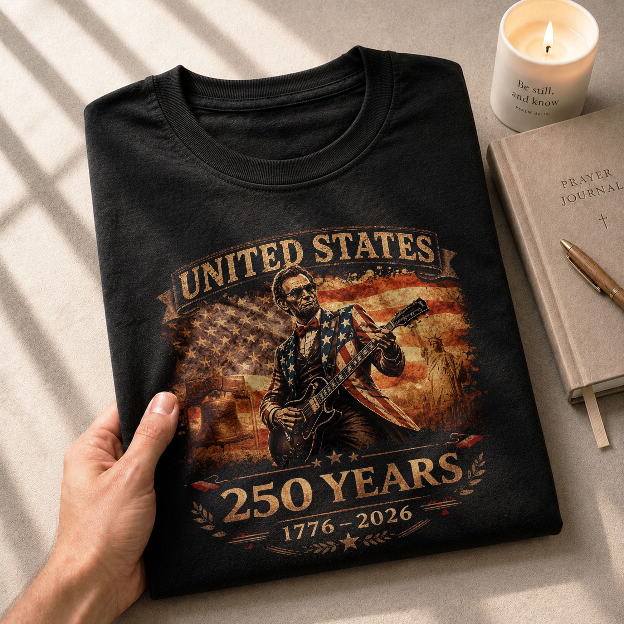 Flag Jacket Lincoln Guitar Shirt Sunglasses Liberty Bell Patriotic 1776 2026 Men Tee - Rust Field Wear