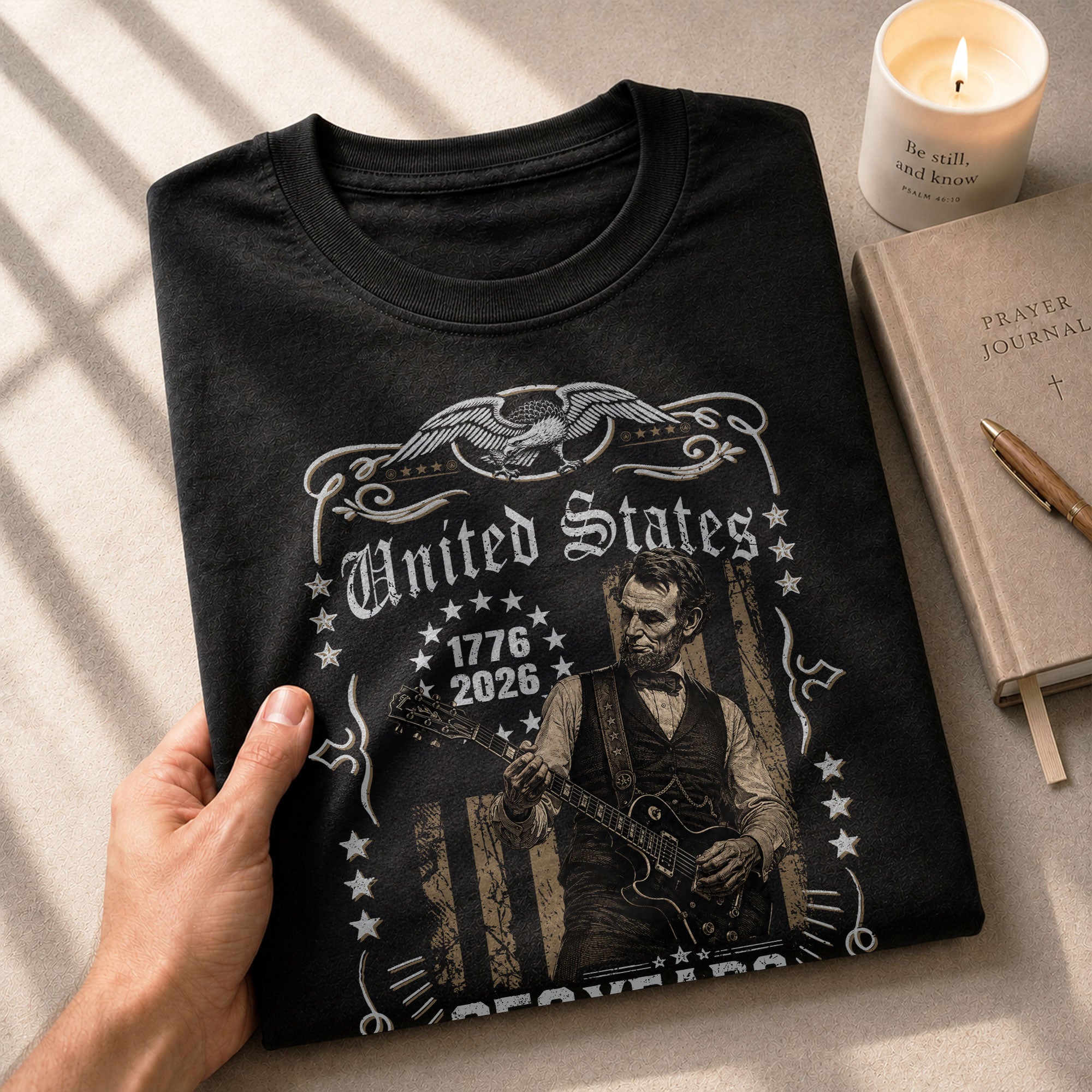 American Eagle Lincoln Guitar Shirt Ornate Badge Vintage 1776 2026 Patriotic US Flag Tee - Rust Field Wear