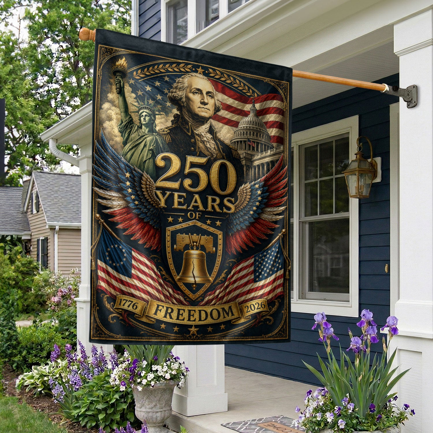 USA 250th Anniversary House Flag 1776-2026 Patriotic George Washington Liberty Icons Banner