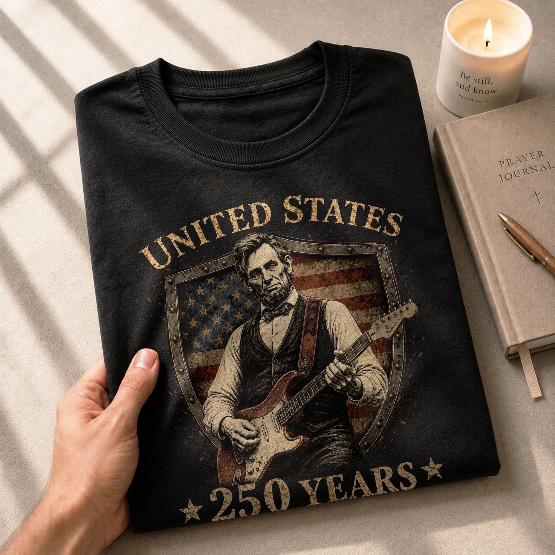 Patriotic Shield Lincoln Guitar Shirt We The People Vintage 1776 2026 US Flag Men Tee - Rust Field Wear