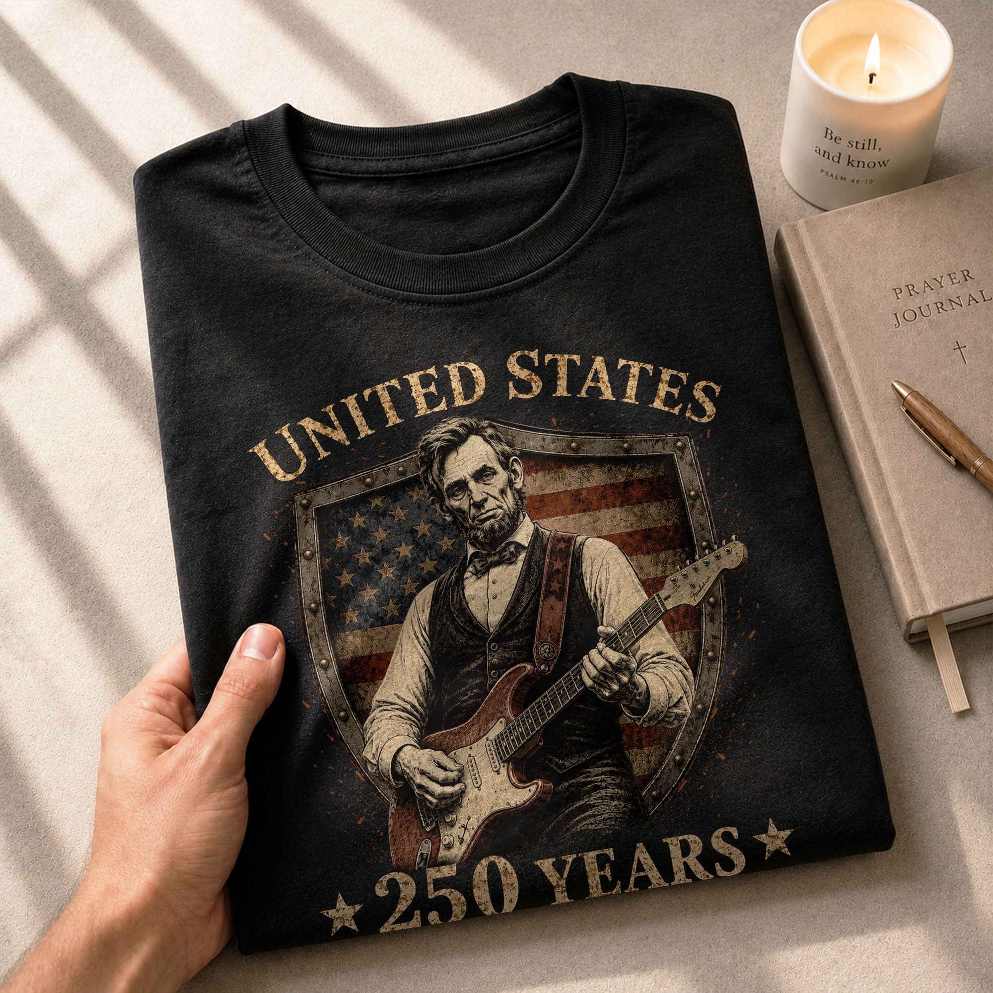 Patriotic Shield Lincoln Guitar Shirt We The People Vintage 1776 2026 US Flag Men Tee - Rust Field Wear