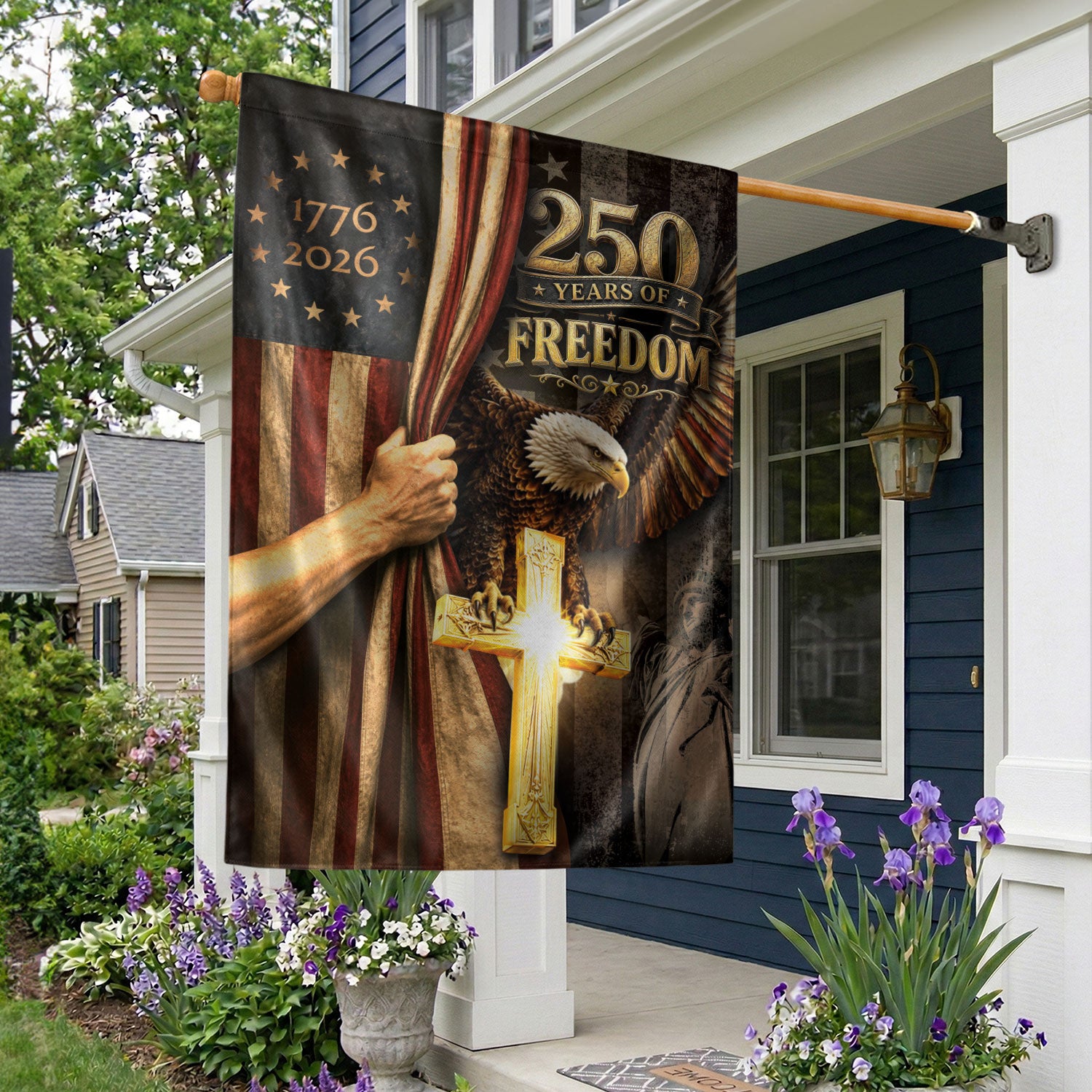 House Flag Christian Cross Eagle 250 Years of Freedom 1776-2026 Patriotic