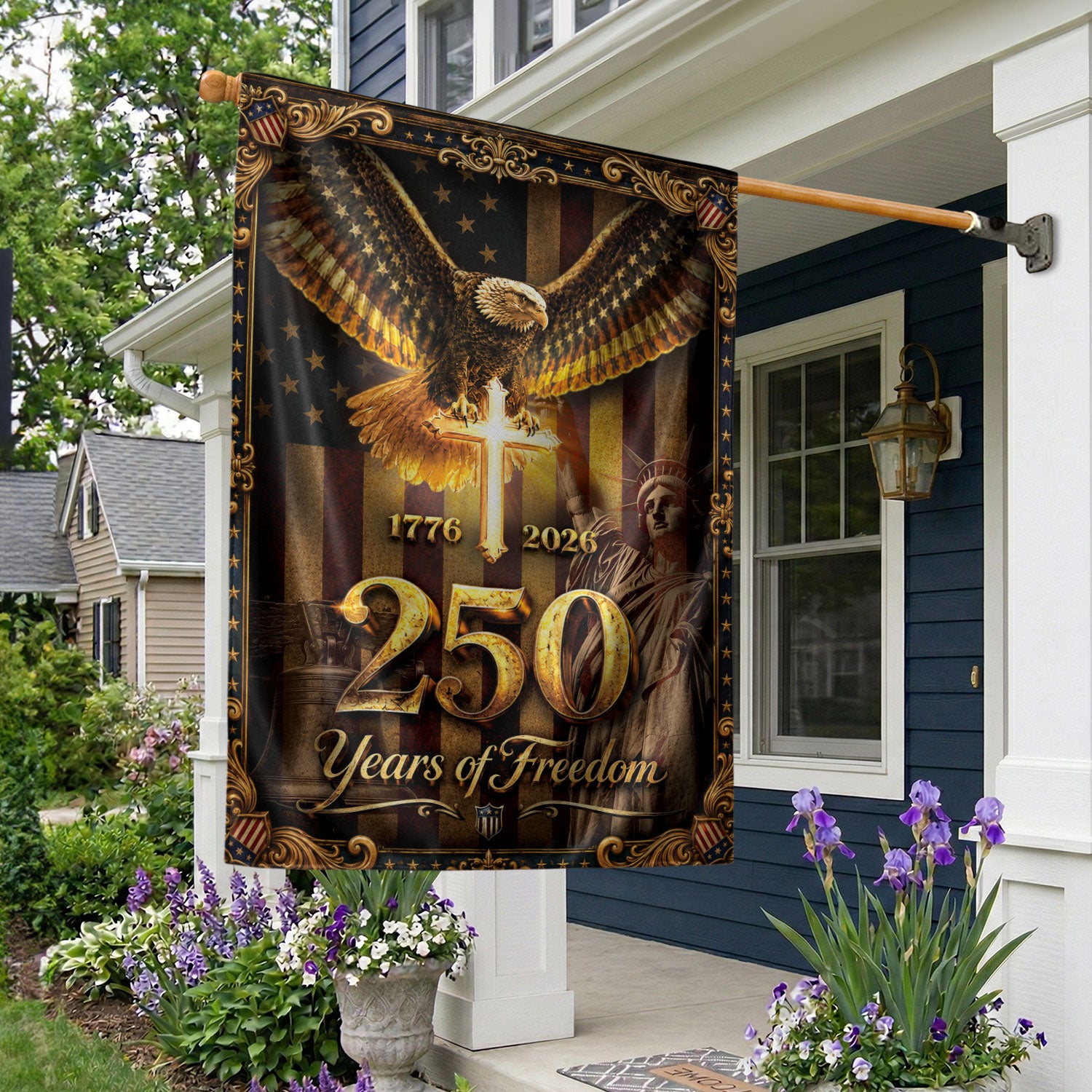 1776-2026 Christian Cross Eagle Statue of Liberty House Flag 250 Years Banner Decor