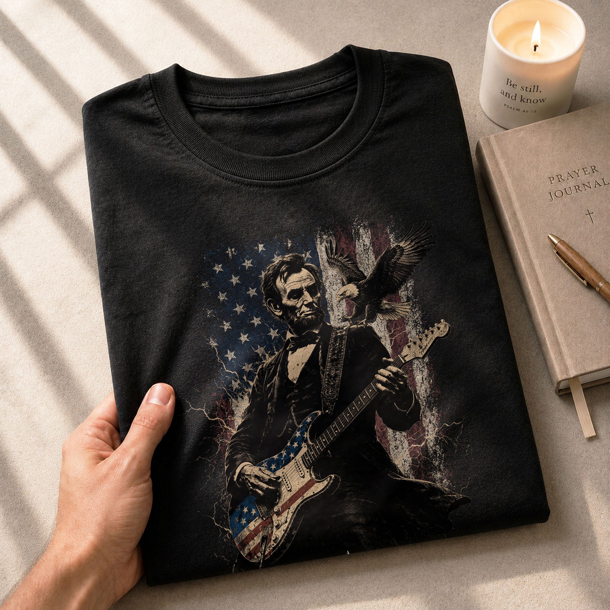 Abraham Lincoln Playing Guitar Shirt Patriotic Eagle US Flag Graphic Tee - Rust Field Wear