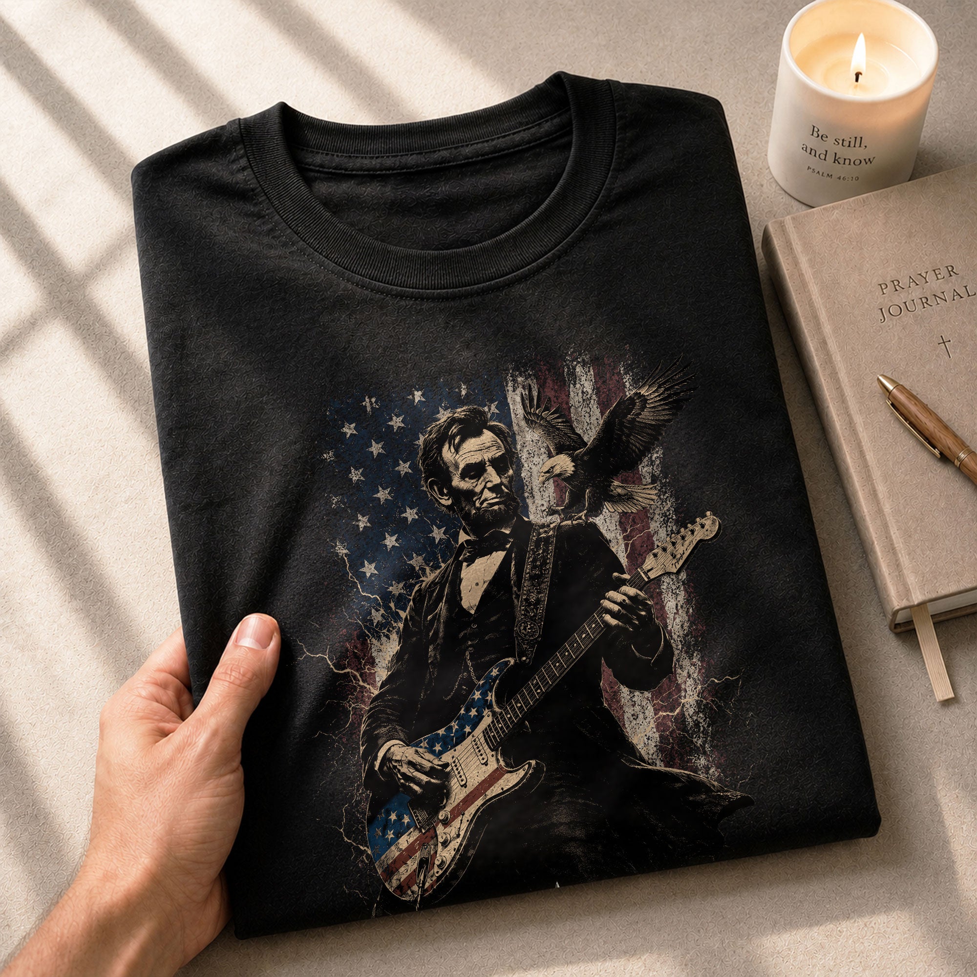 Abraham Lincoln Playing Guitar Shirt Patriotic Eagle US Flag Graphic Tee - Rust Field Wear