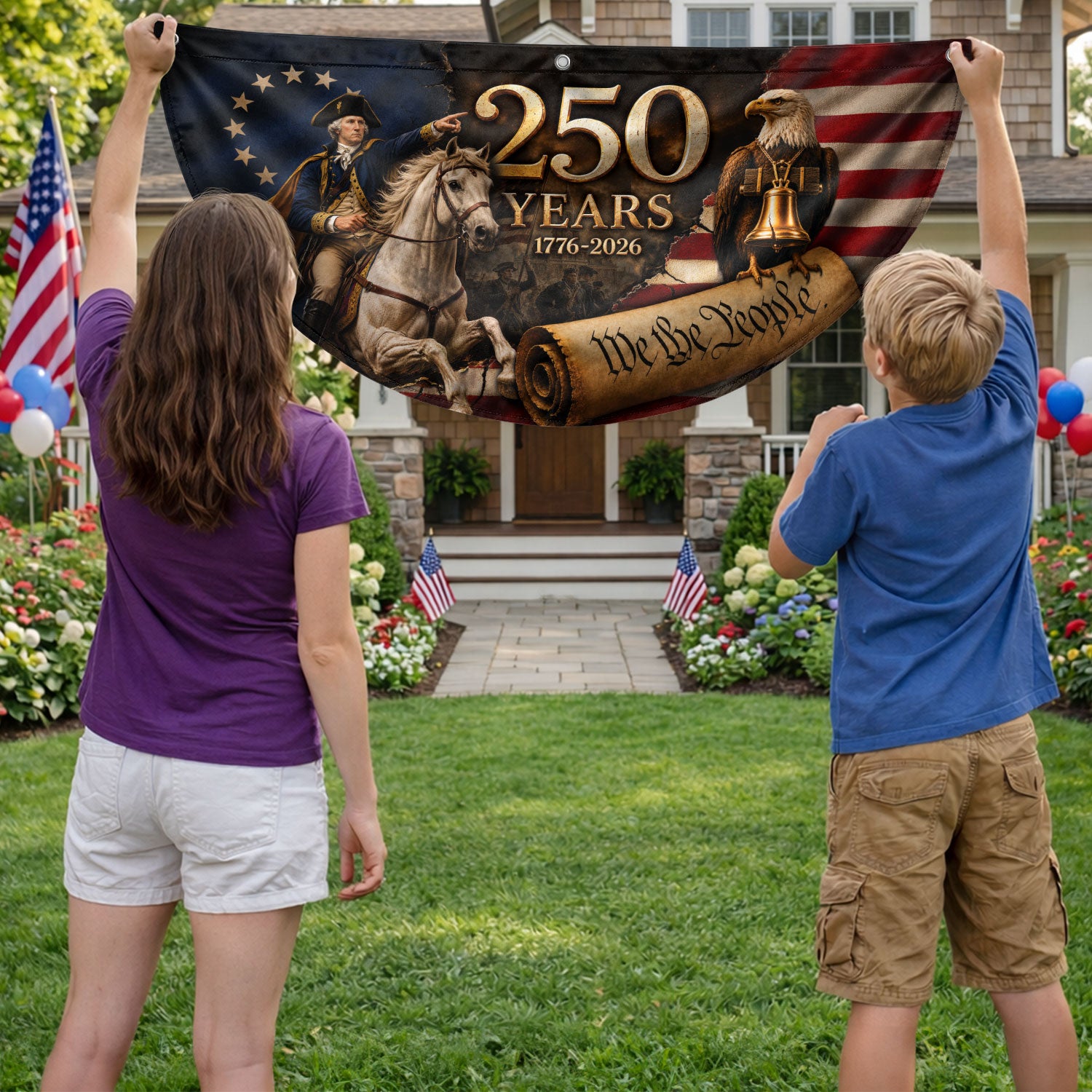 250th Anniversary US Fence Flag 1776-2026 Patriotic George Washington Outdoor Banner