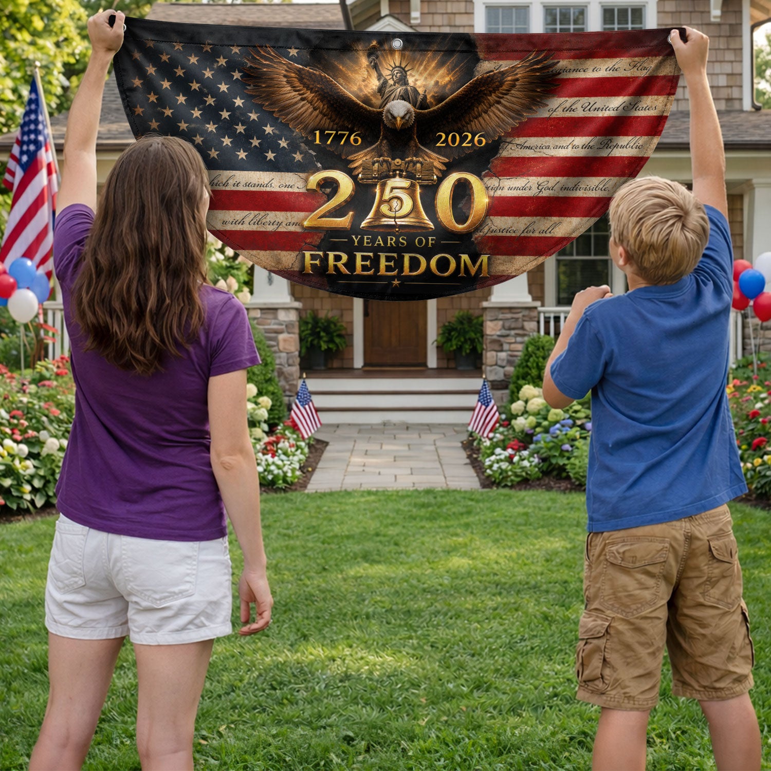 250th Anniversary US Fence Flag 1776-2026 Patriotic Statue of Liberty Outdoor Banner
