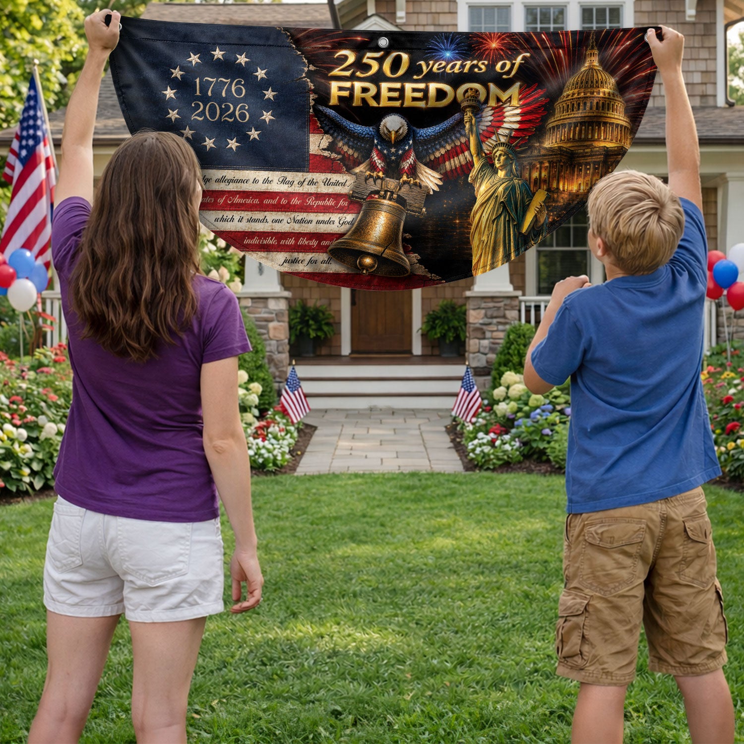 250th Anniversary US Fence Flag 1776-2026 Patriotic US Capitol Statue of Liberty Banner