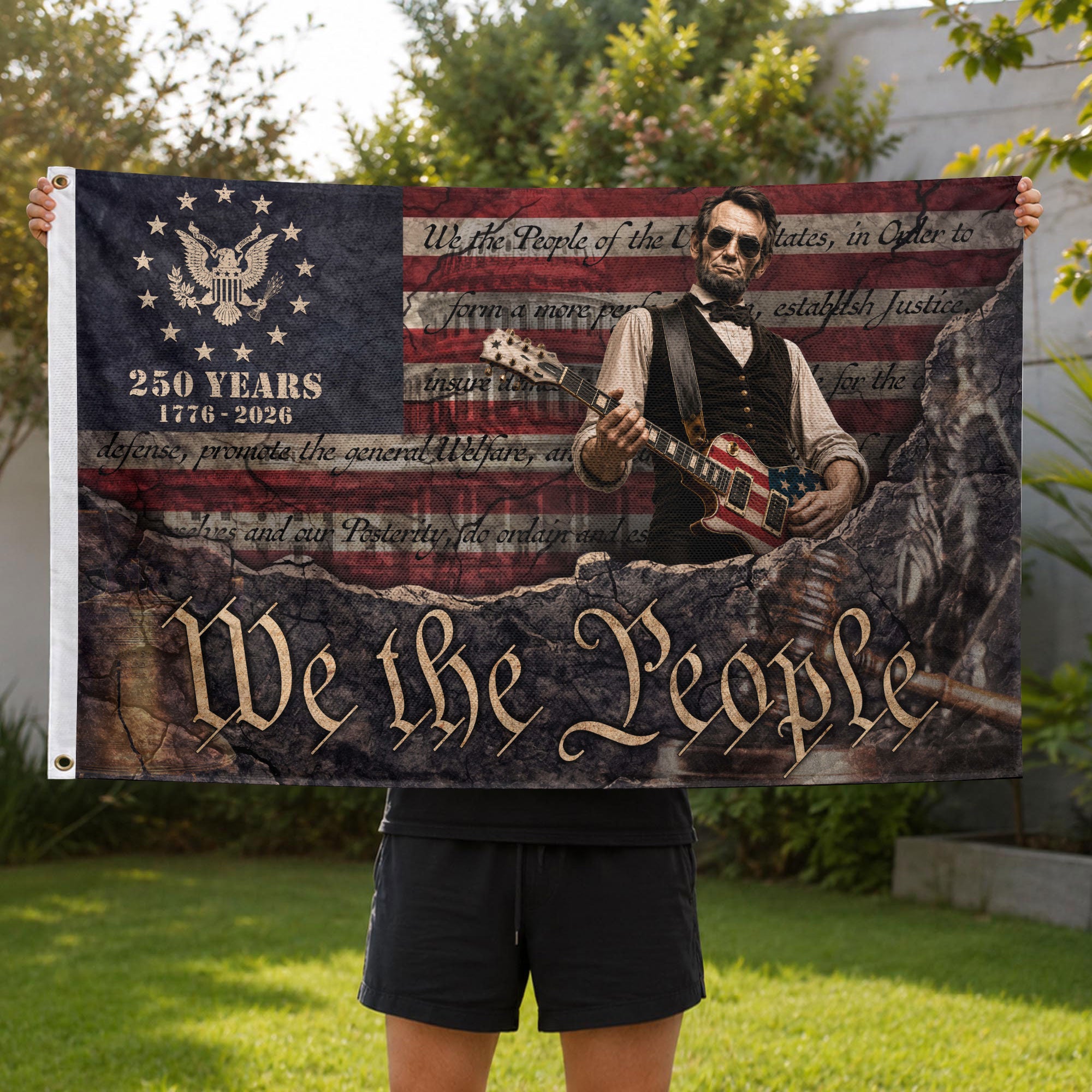 250 Years of Freedom Flag 1776-2026 Abraham Lincoln Guitar Bald Eagle Patriotic US Banner