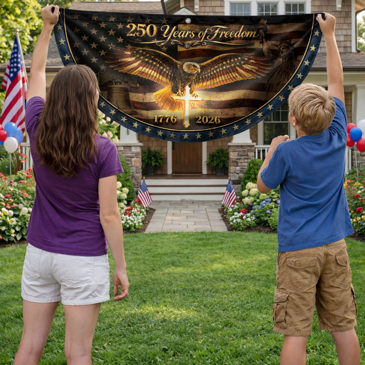 250 Years of Freedom Fence Flag 1776 2026 American Eagle Cross Patriotic Bunting Banner - Rust Field Wear