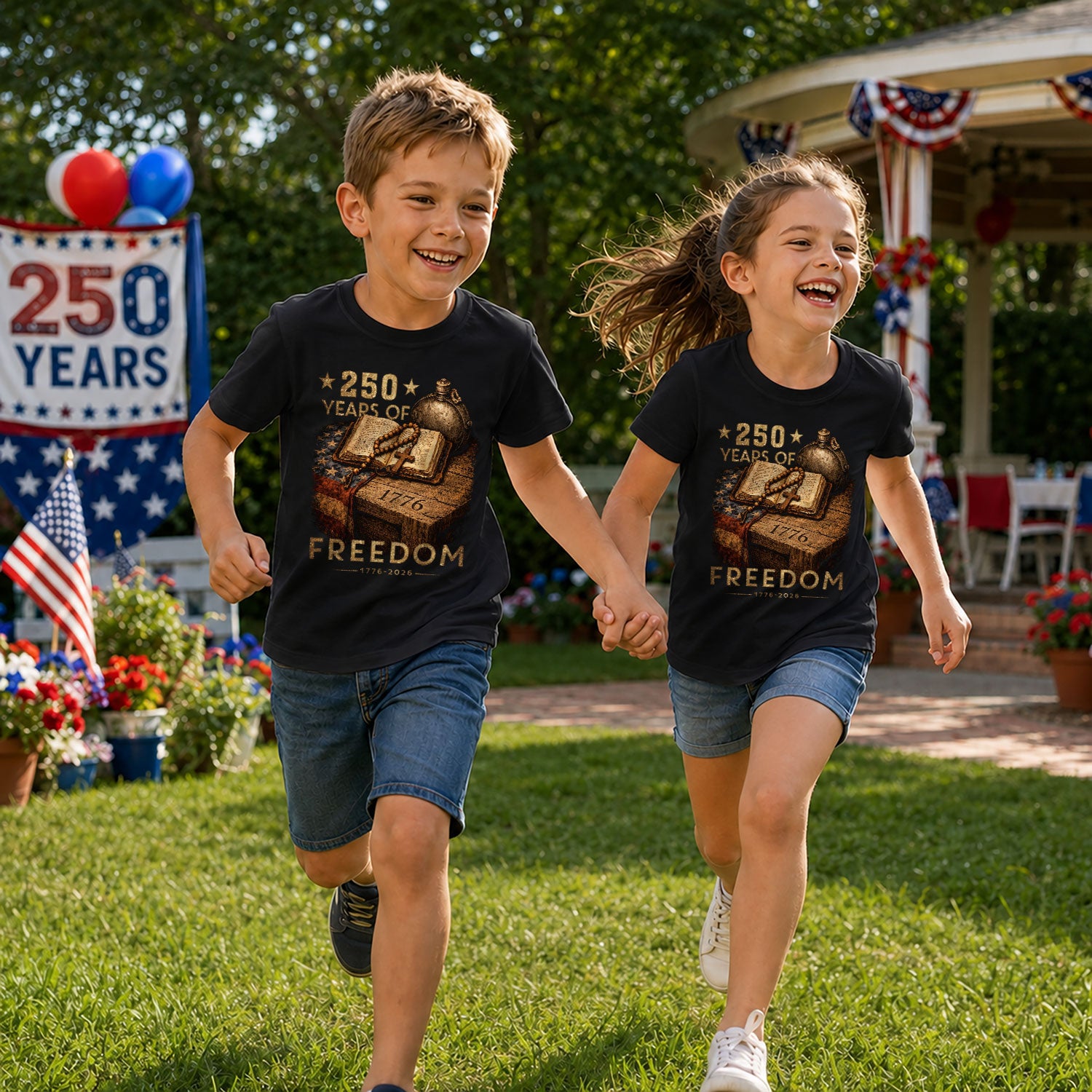 250 Years of Freedom Kids Tee 1776–2026 Faith and Patriotism Graphic Shirt
