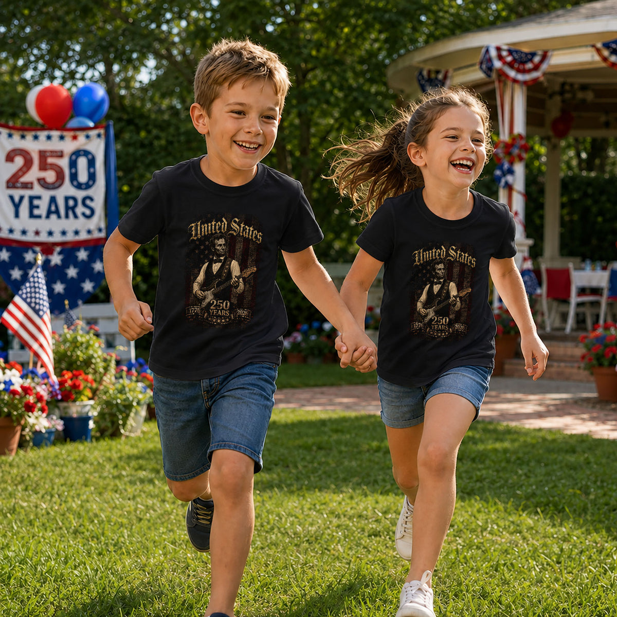 T-Shirt Kid Abraham Lincoln Guitar 1776-2026 Patriotic America 250 Years Youth Top - Rust Field Wear