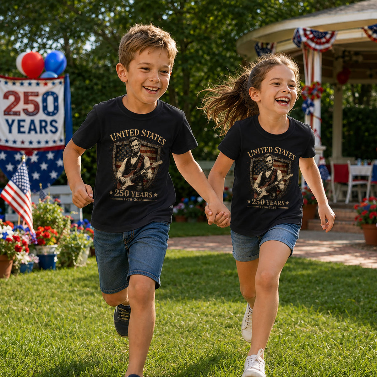 T-Shirt Kid Shield Abraham Lincoln Guitar 1776-2026 America 250 Years Patriotic Tee - Rust Field Wear