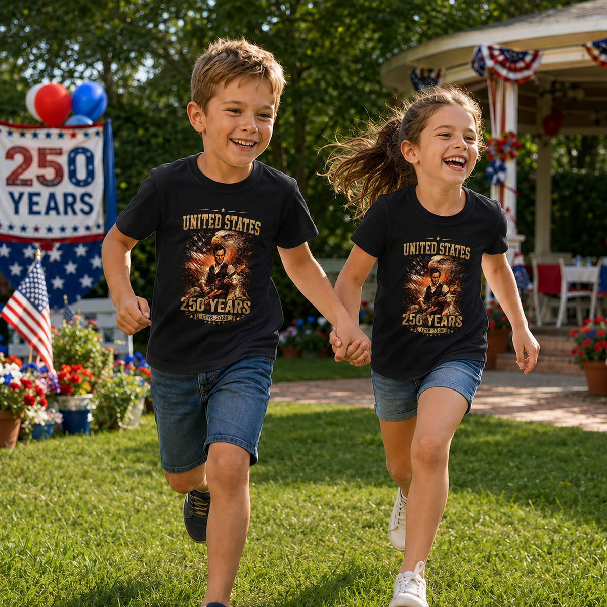 Kids America 250 Years T-Shirt 1776–2026 Lincoln Eagle Patriotic Youth Graphic Tee - Rust Field Wear