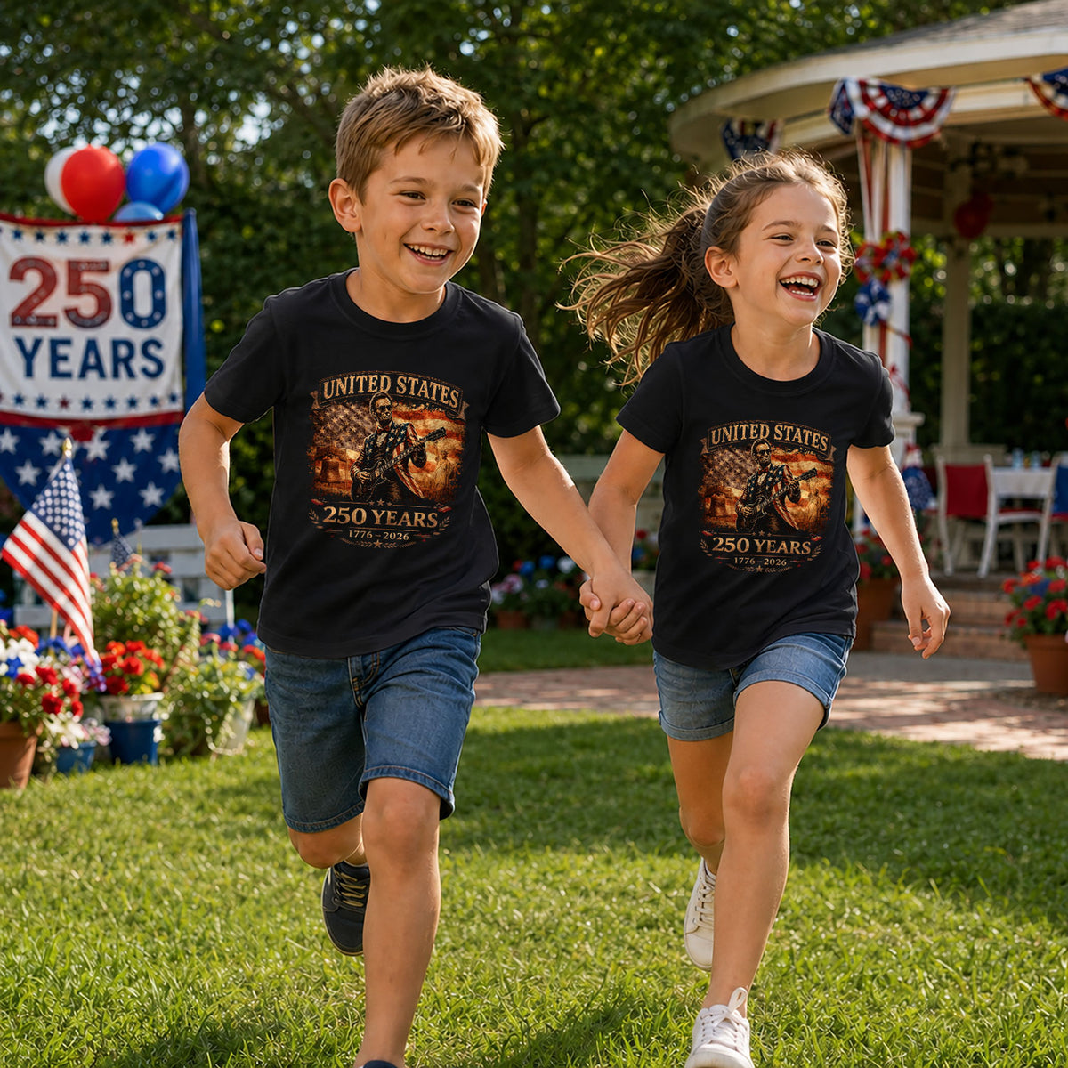 Kids America 250 Years T-Shirt 1776–2026 Lincoln Guitar Patriotic Youth Graphic Tee - Rust Field Wear