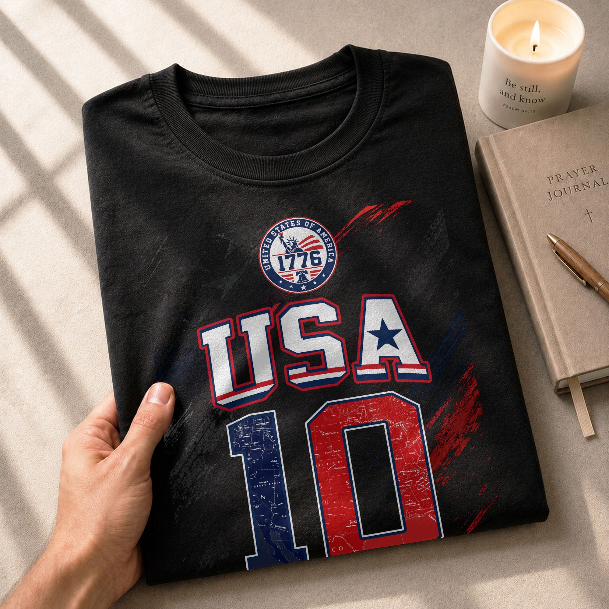 USA 1776 Sport Graphic Tee Patriotic Number 10 Map Design Casual Short Sleeve Shirt - Rust Field Wear