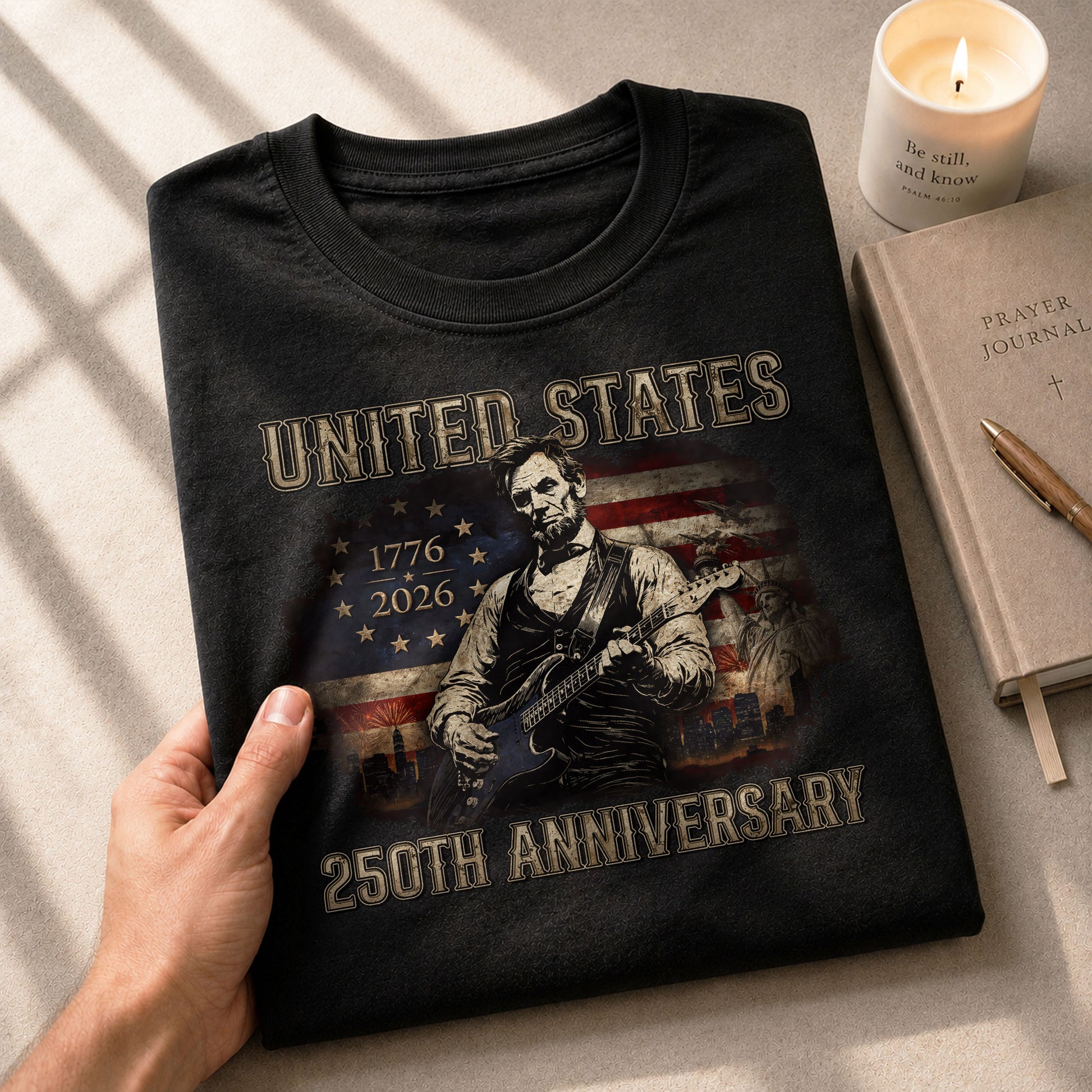 Abraham Lincoln T-Shirt Playing Guitar 1776 2026 Patriotic US Flag 250th Anniversary - Rust Field Wear