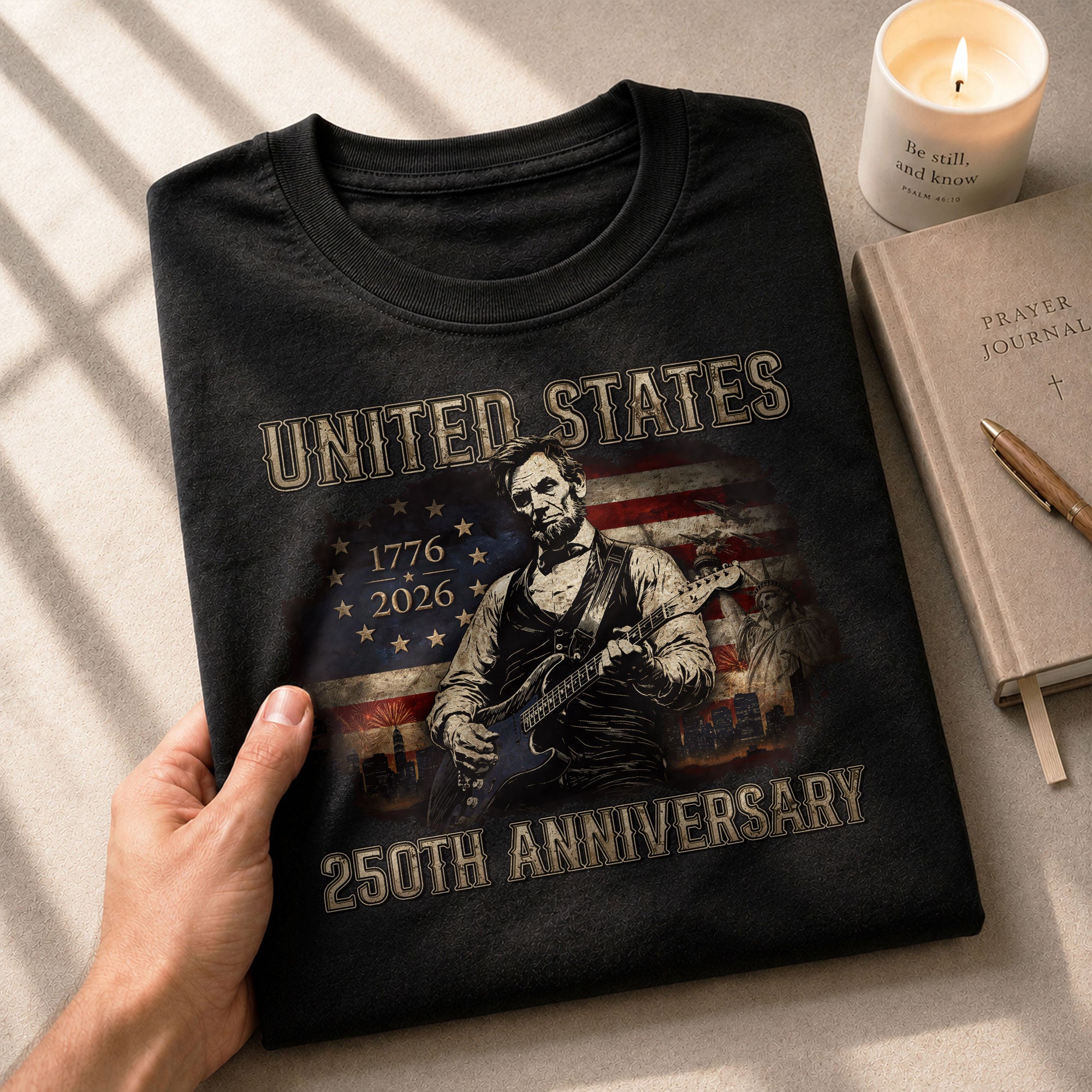 Abraham Lincoln T-Shirt Playing Guitar 1776 2026 Patriotic US Flag 250th Anniversary - Rust Field Wear