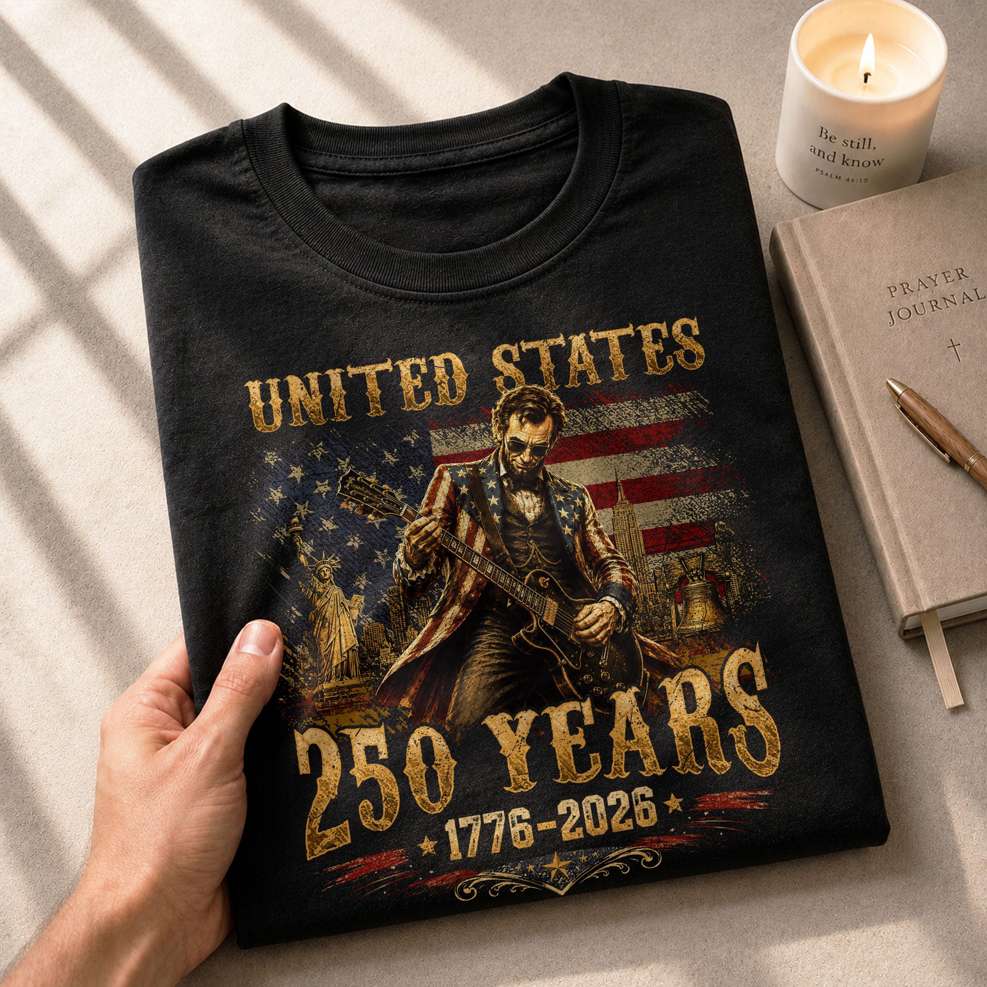 Abraham Lincoln T-Shirt Playing Guitar 1776 2026 Patriotic Statue Liberty Graphic Tee - Rust Field Wear