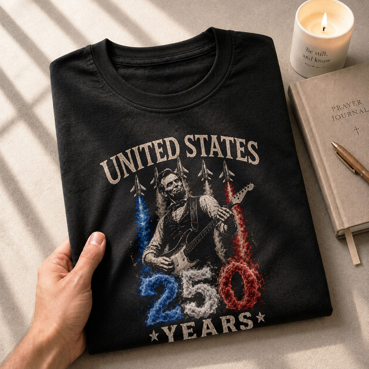 Mens T Shirt Patriotic Abraham Lincoln Guitar 1776-2026 250 Years Fighter Jet Rock Tee - Rust Field Wear