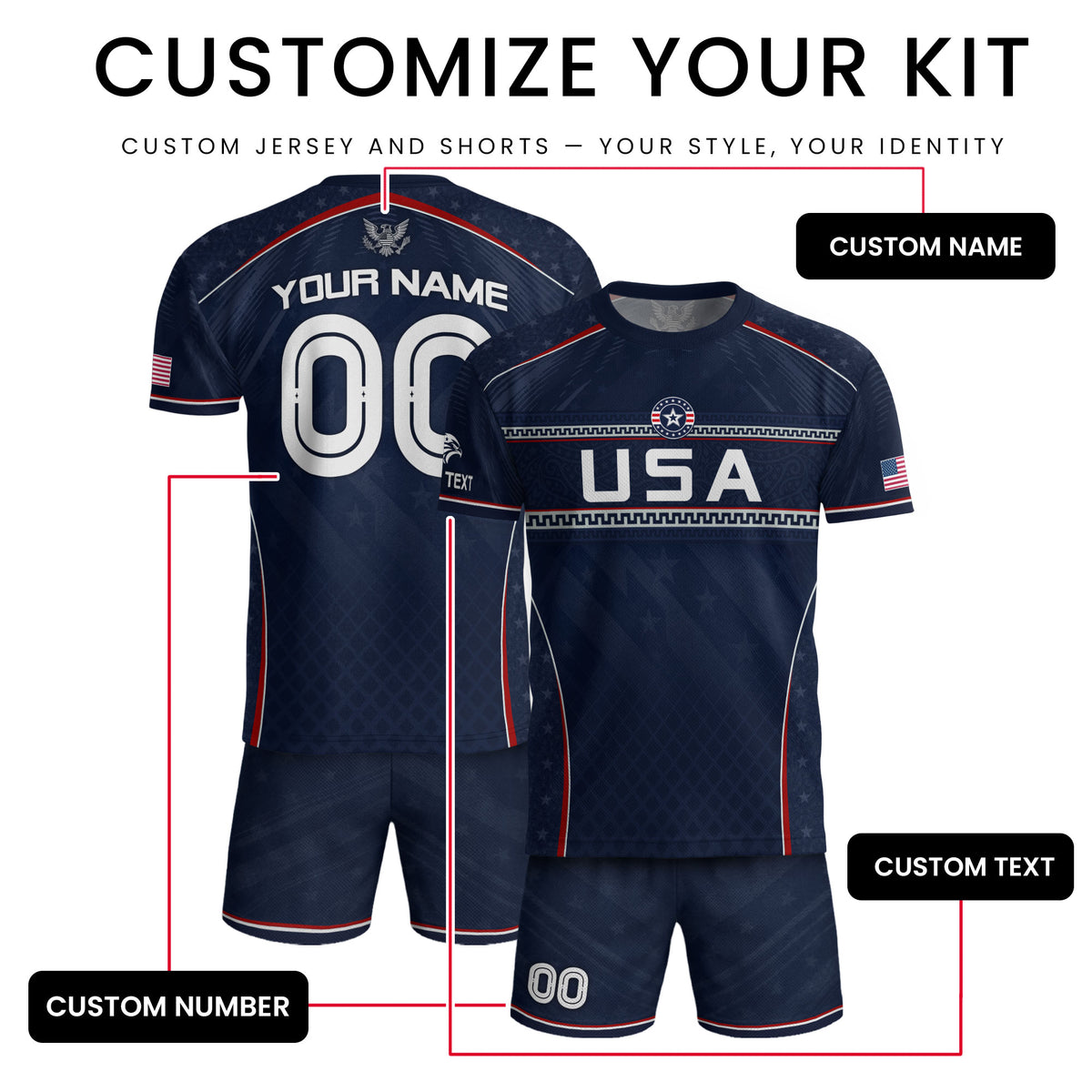 USA Soccer Jersey Custom Name Number Patriotic Navy Blue Athletic Sportswear Outfit - Rust Field Wear