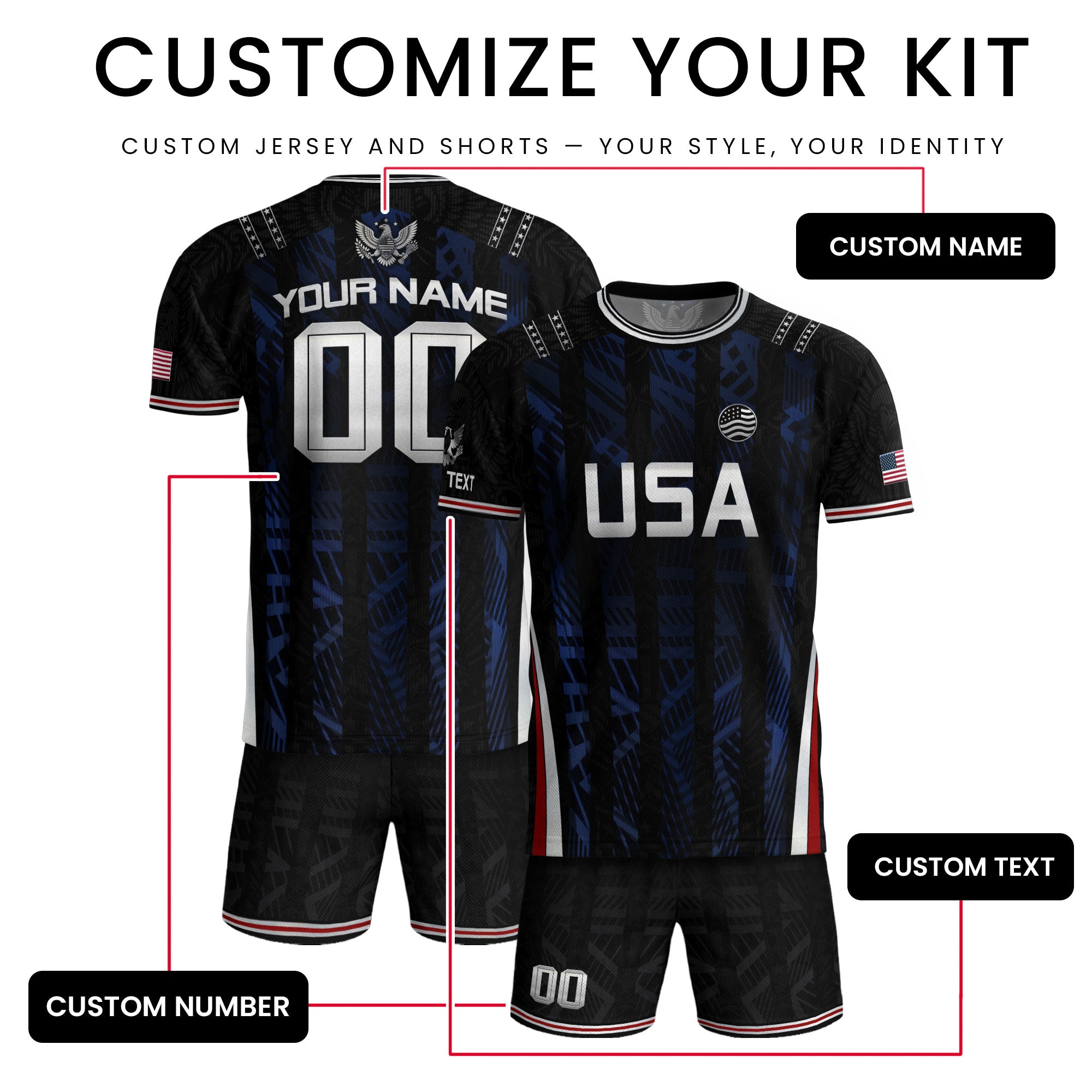 USA Soccer Jersey Custom Name Number Patriotic Black Stripes Football Team Shirt