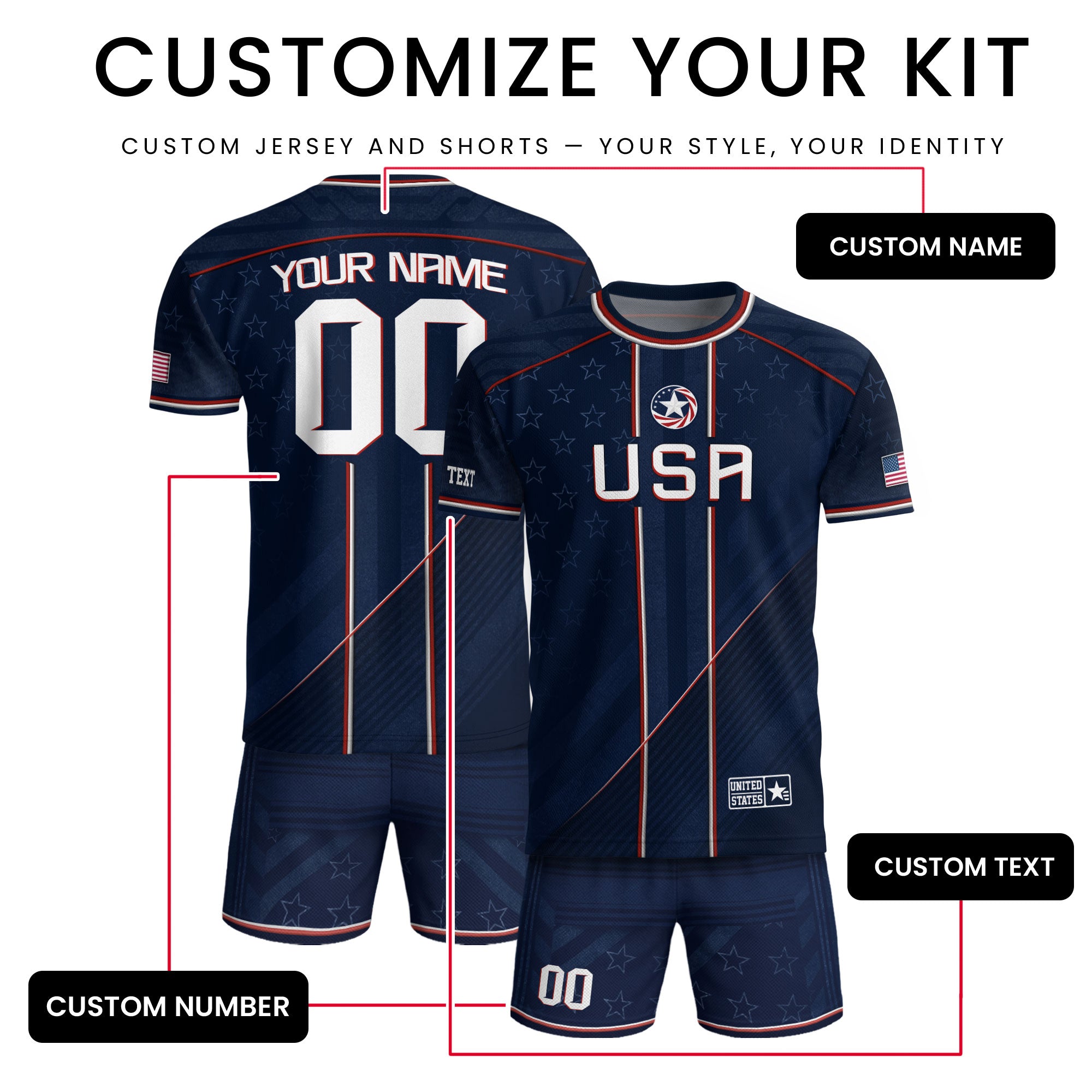 USA Team Football Shirt Custom Name Number Patriotic Navy Blue Stripes Athletic Sportswear