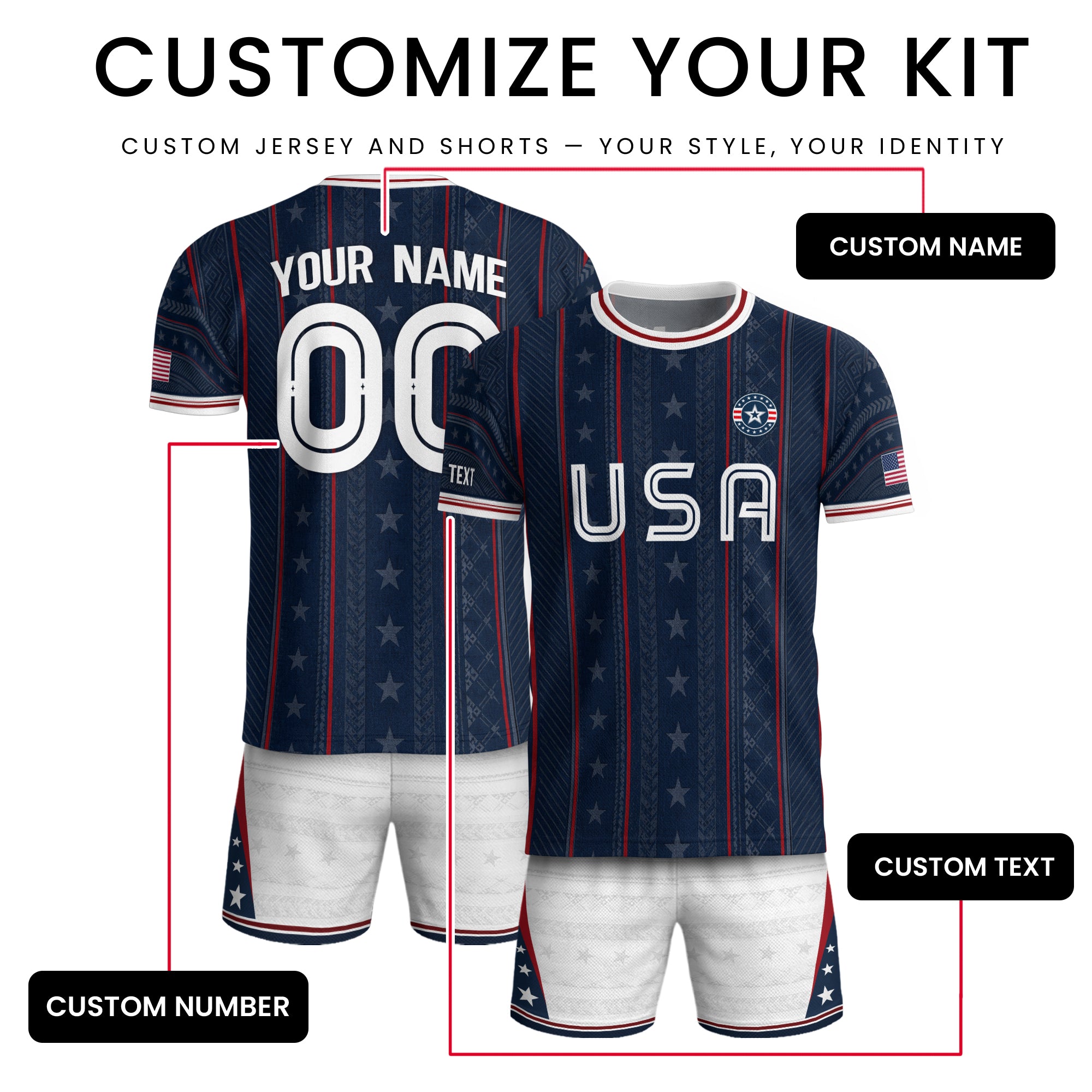 USA Soccer Jersey Custom Name Number Patriotic Navy Blue Stars Football Team Shirt