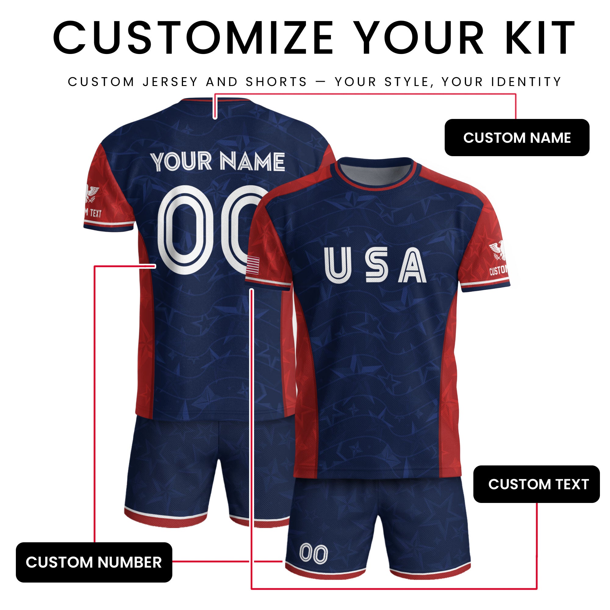 Custom Name Number USA Soccer Jersey Patriotic Stars Stripes Sports Team Shirt