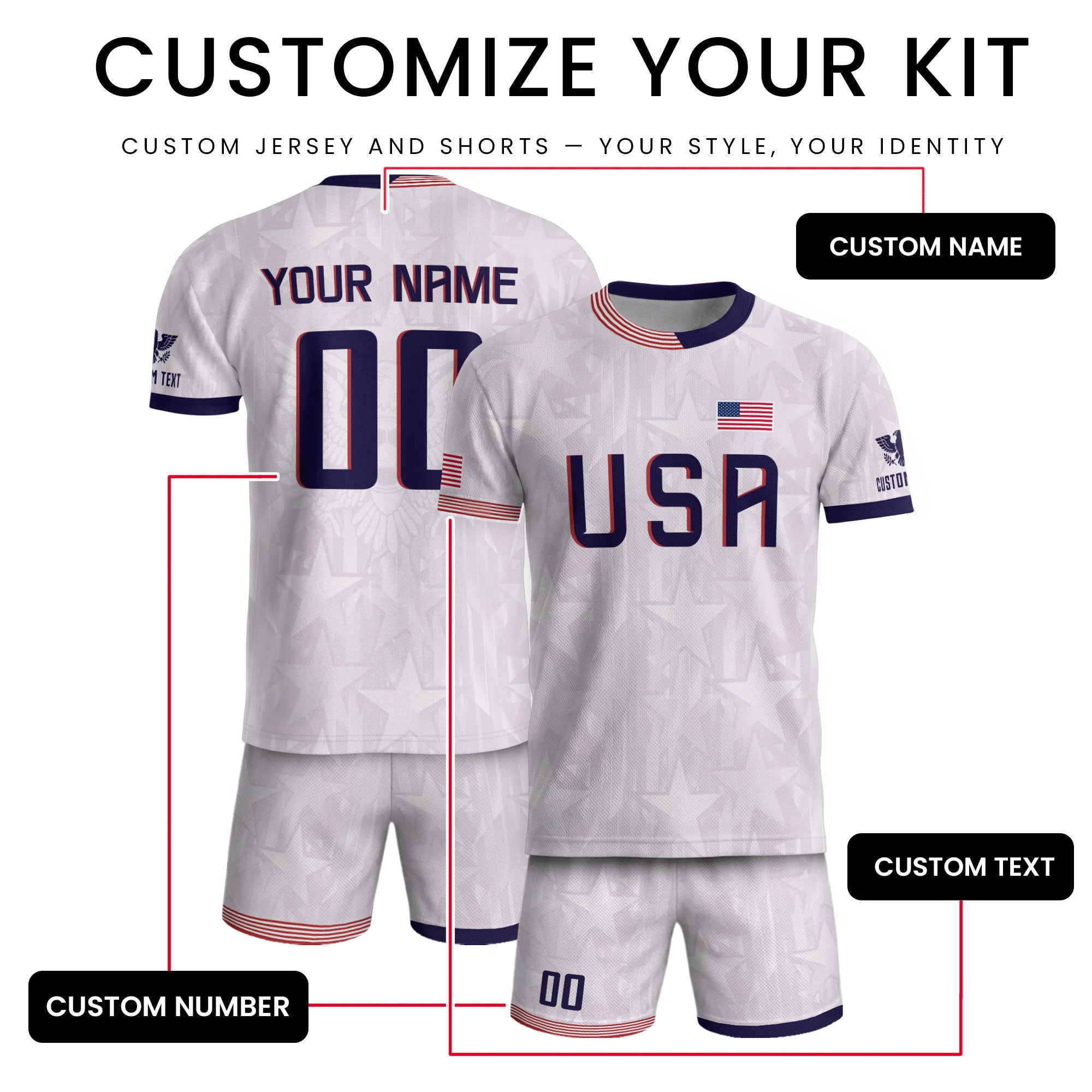 Personalized USA Soccer Jersey White Custom Name Number Patriotic Outdoor Sportswear