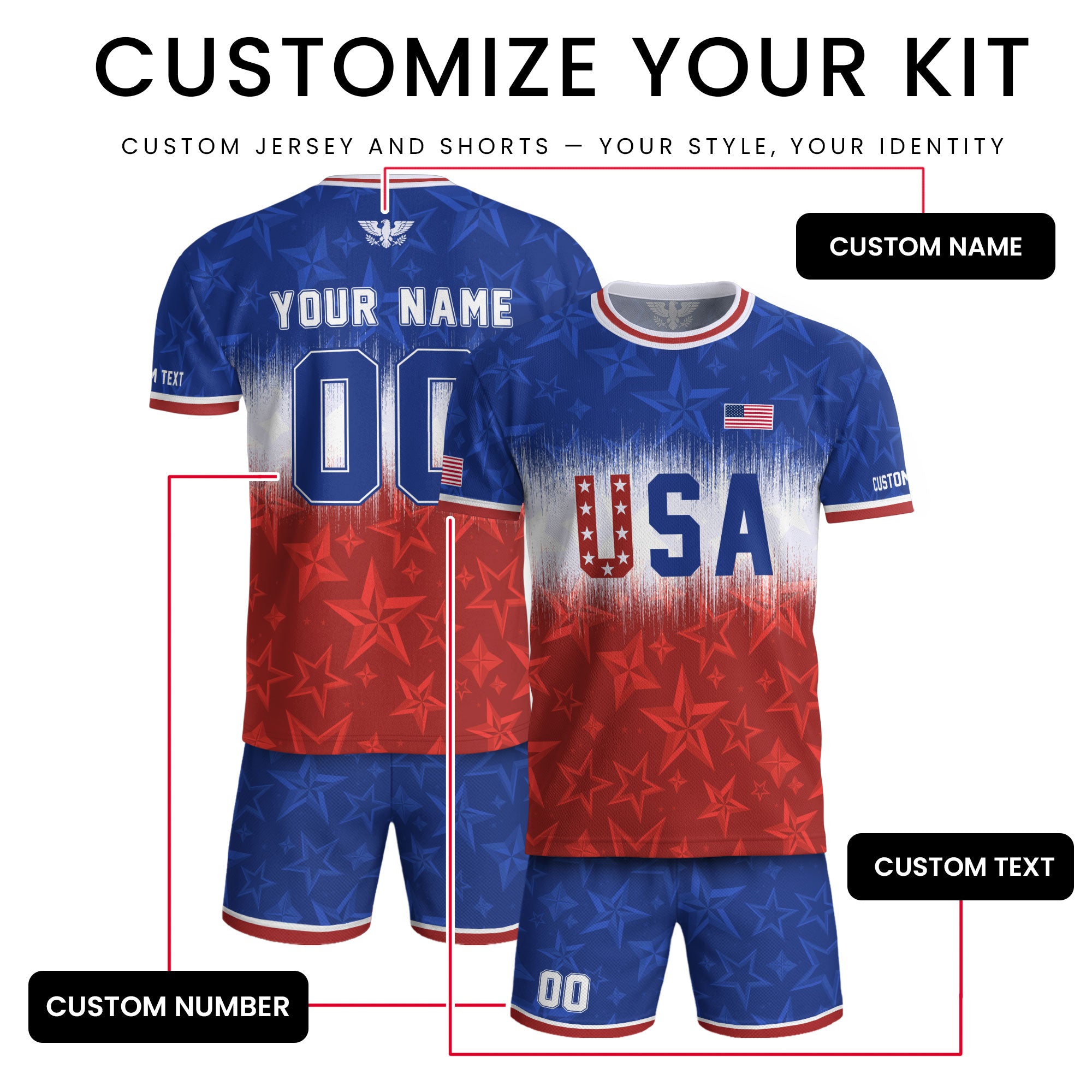 Customized USA Soccer Jersey Crewneck Ombre Stars Patriotic Graphic Tee Athletic Top