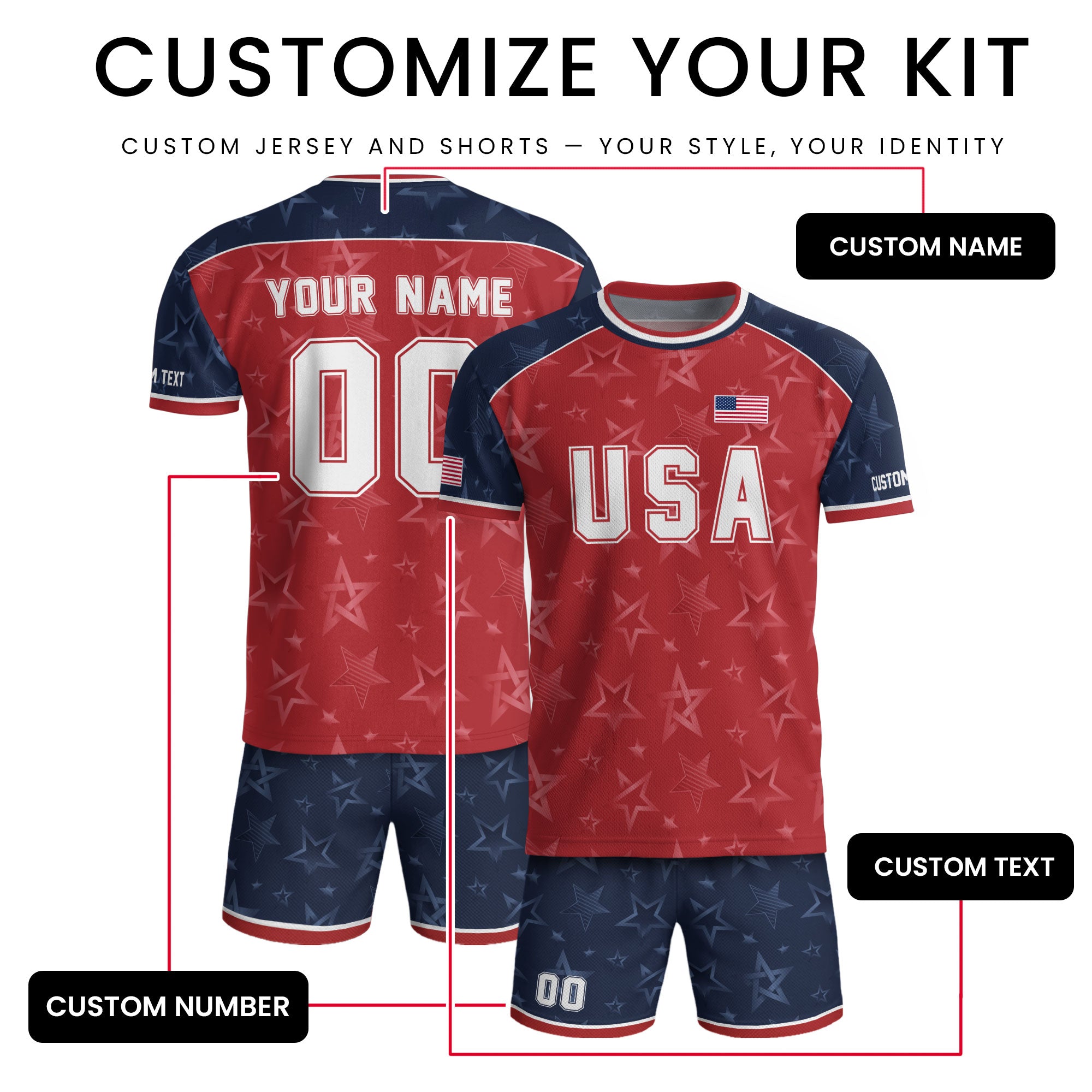 Custom Name Number USA Soccer Jersey Red Raglan Patriotic Stars Football Team Shirt