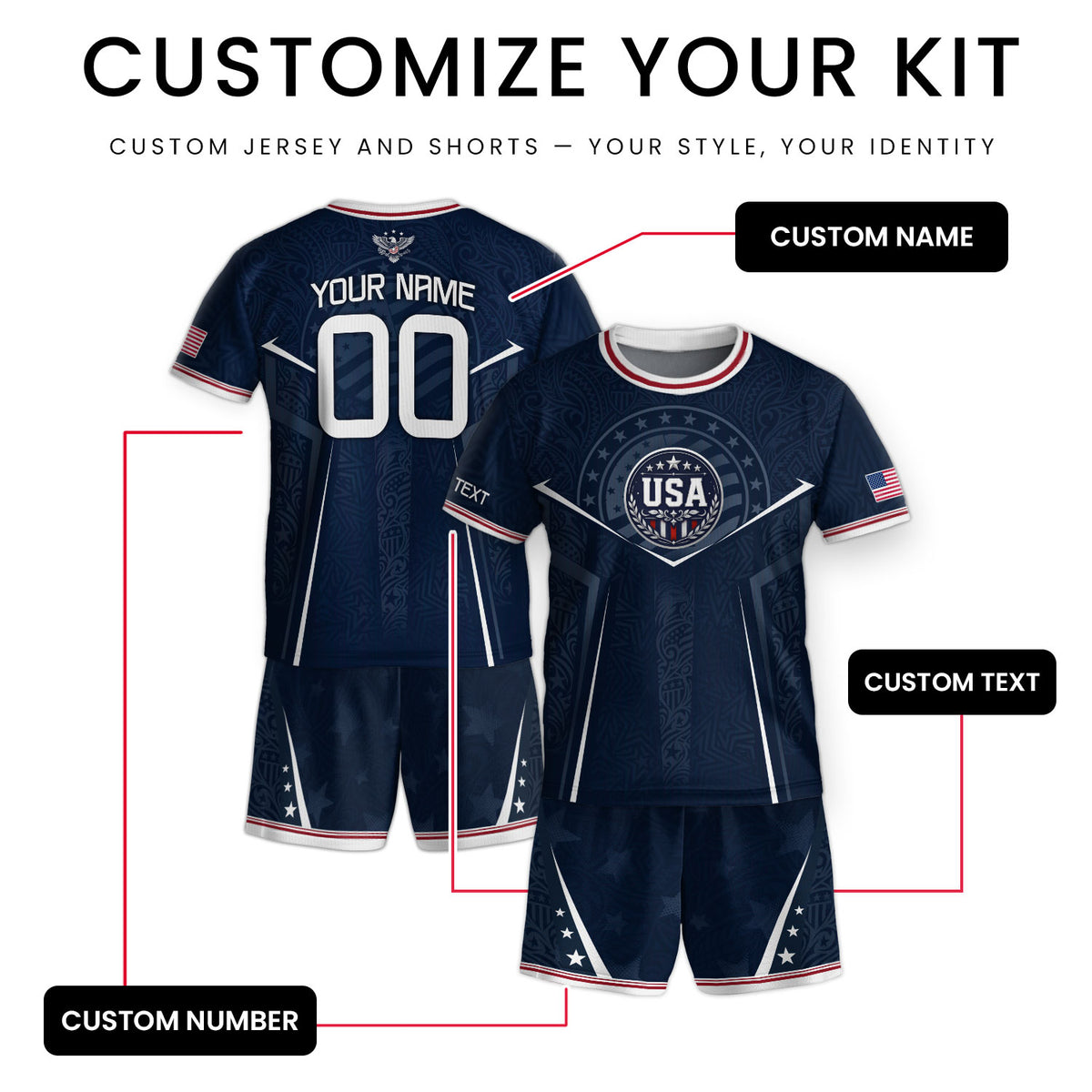 Custom Navy Blue USA Soccer Jersey and Shorts Set Kid Personalized Name and Number - Rust Field Wear