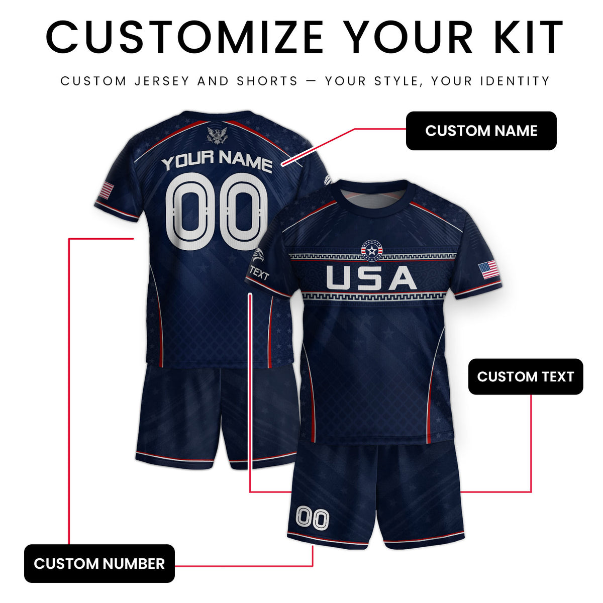 Custom Dark Navy USA Soccer Uniform Personalized Name Number For Kid - Rust Field Wear