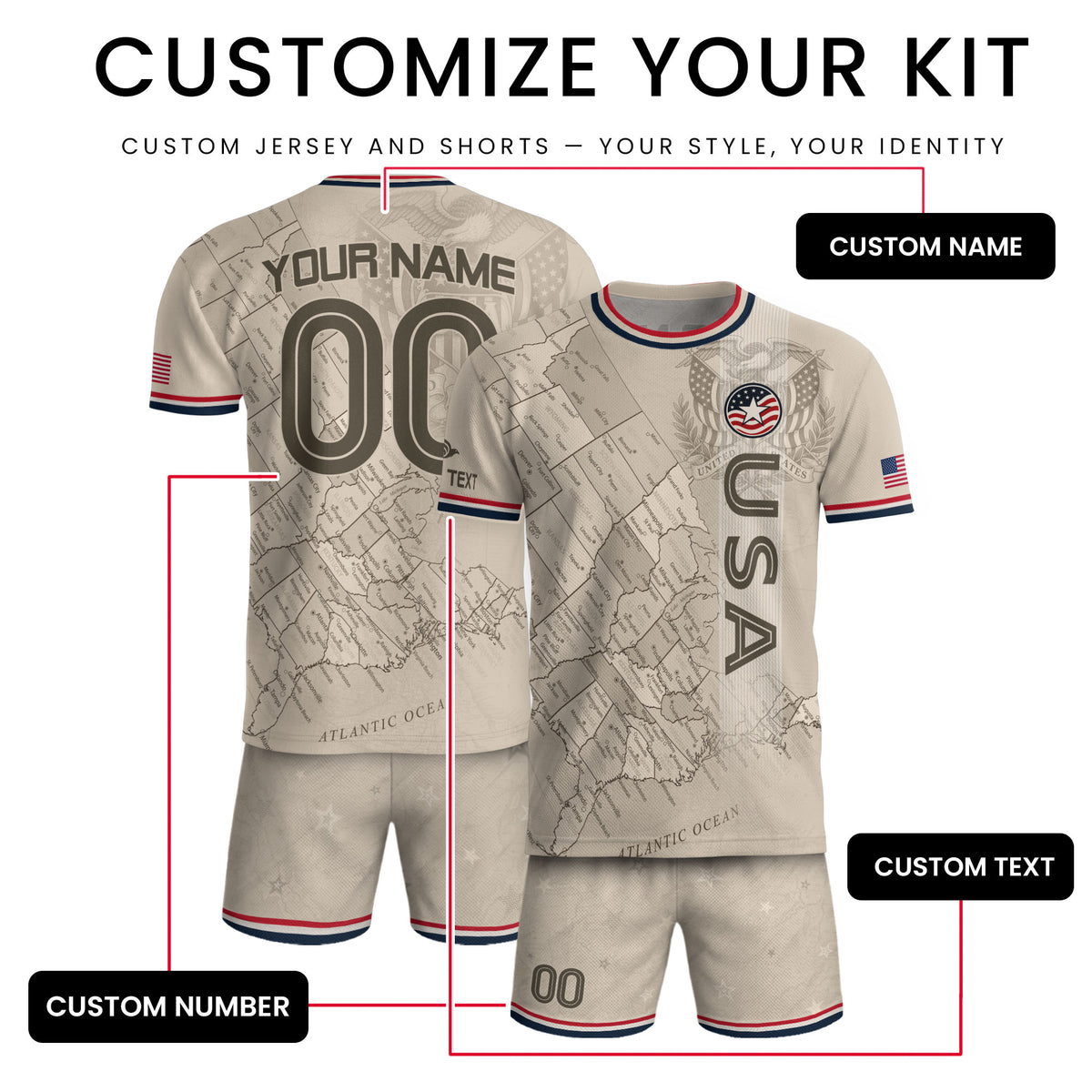 Personalized USA Soccer Jersey Custom Name Number Vintage Map Athletic Training Top - Rust Field Wear