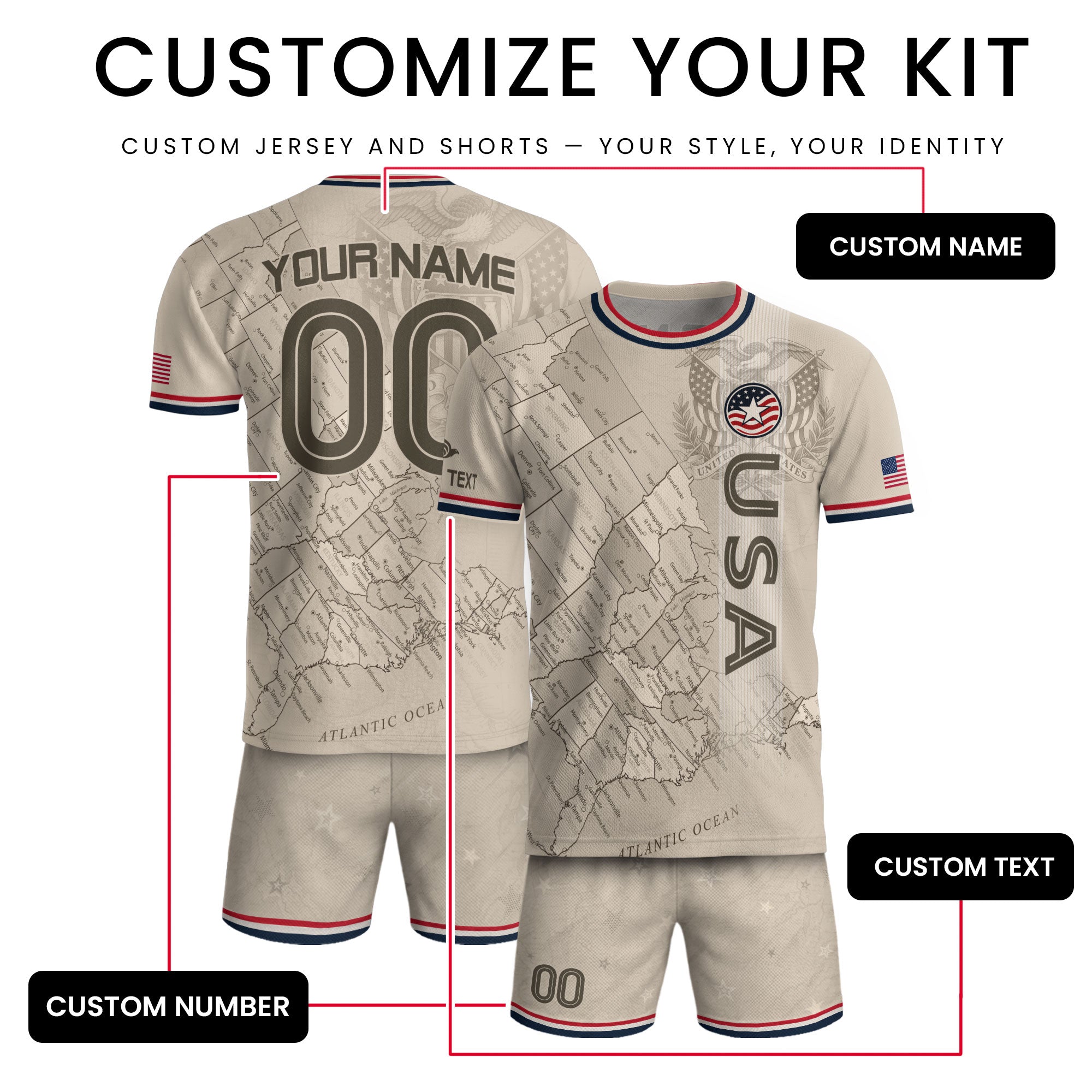 Personalized USA Soccer Jersey Custom Name Number Vintage Map Athletic Training Top
