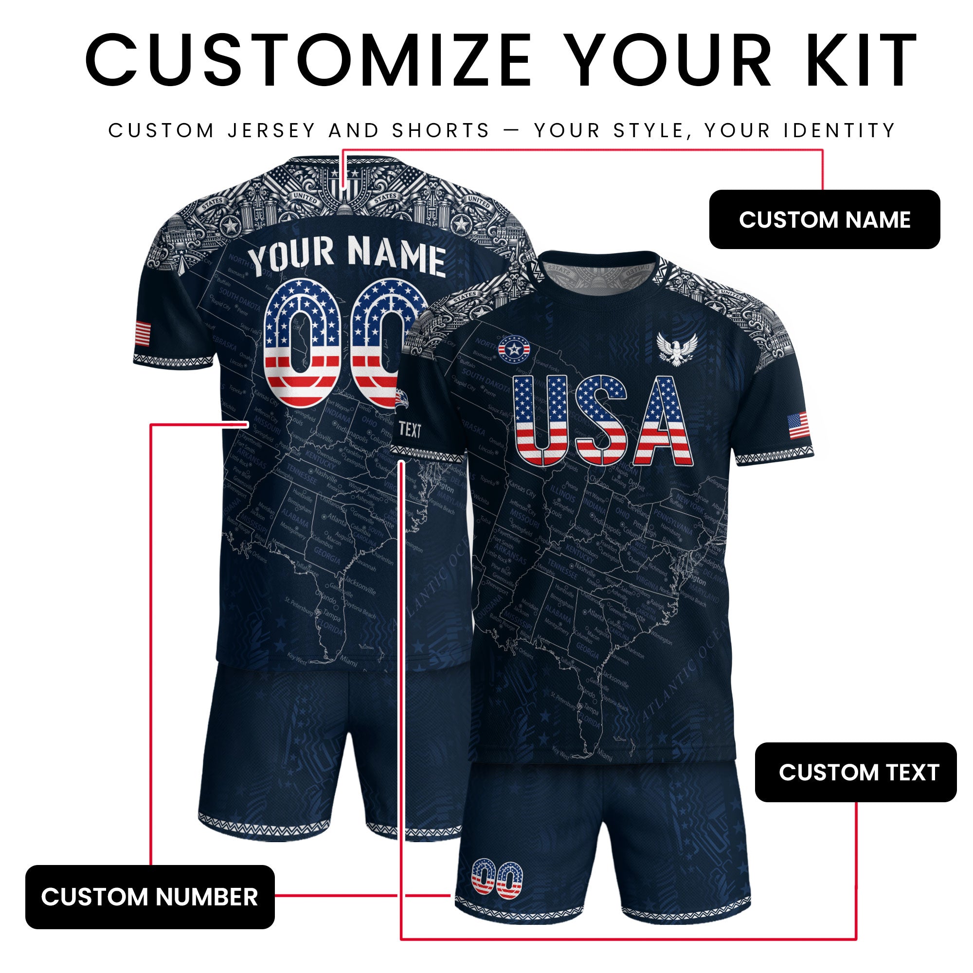 Custom Name Number USA Soccer Jersey Vintage Map Patriotic Navy Blue Football Team Shirt